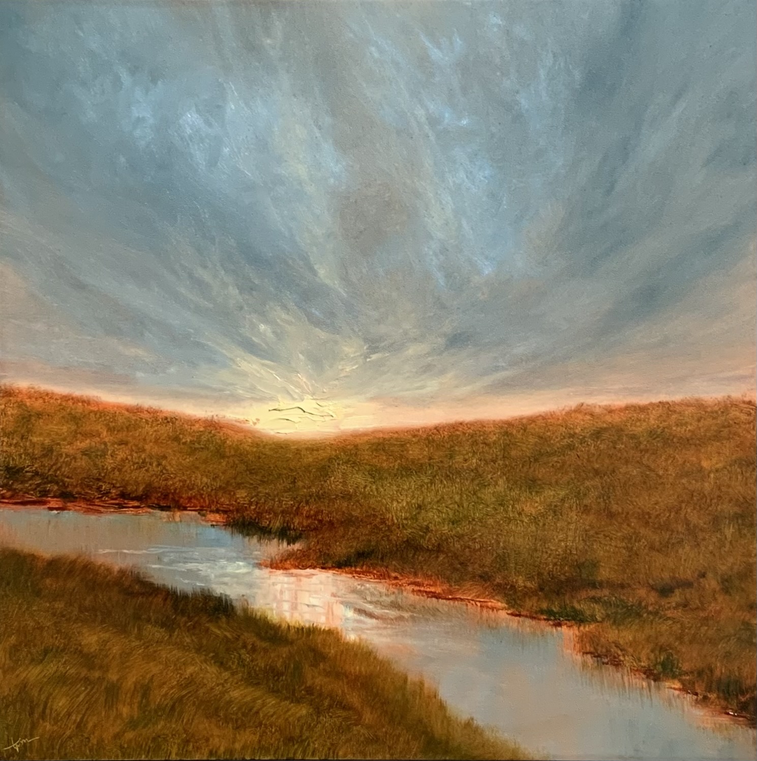 Original landscape oil painting by Tisha Mark, In-Between Times (Week 10, 52 Weeks of Finding Light Series), 12"x12" oil on cradled gessobord (2023). Painting shows a sun rising over a hillside and reflecting in a creek. The sky has dramatic grayish-blue cloud formations with orange undertones, the earth features textured grass also with orange undertones.