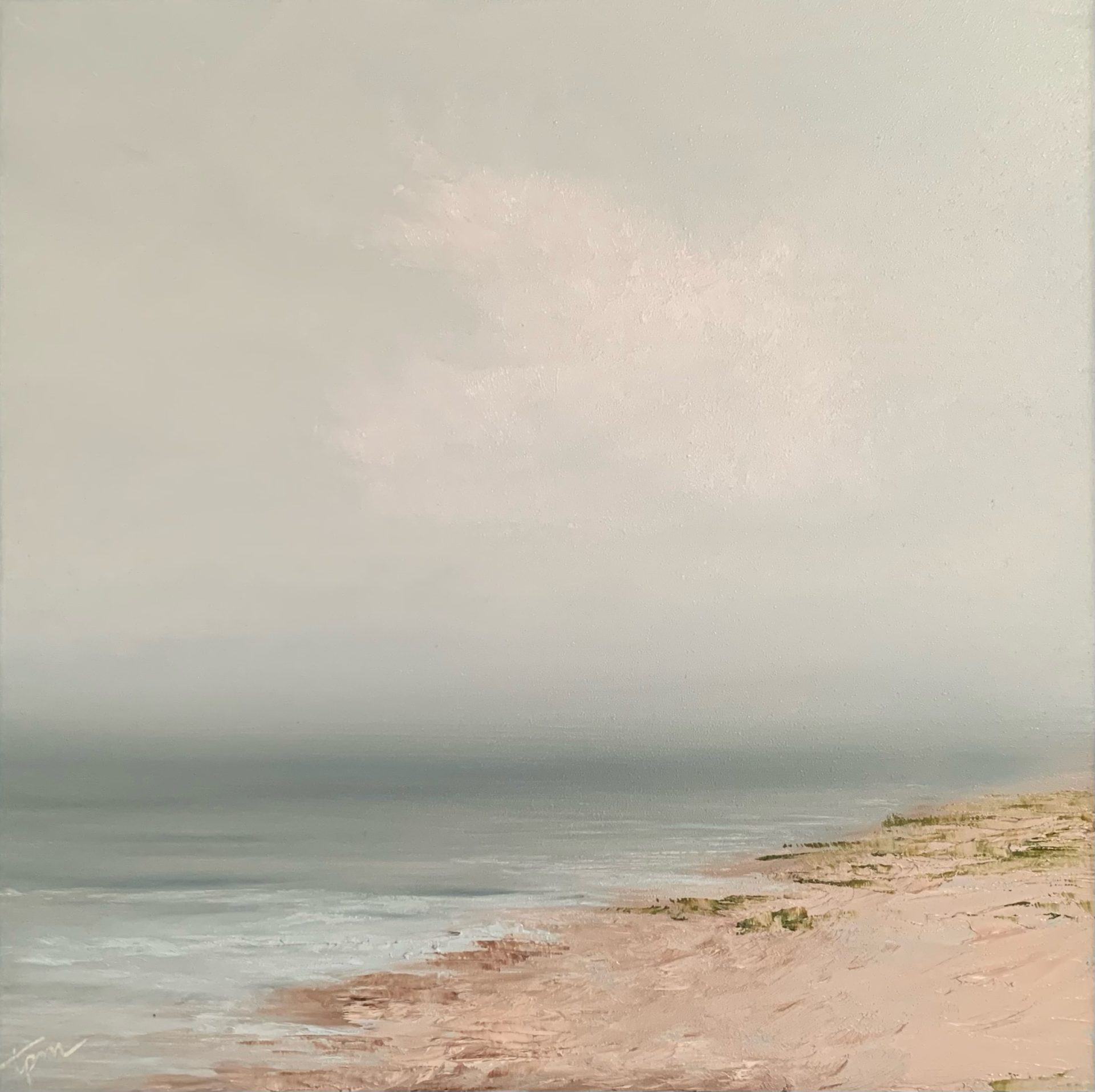 Original seascape oil painting by Tisha Mark, "Peaceful Seaside" 8"x8" oil on Gessobord (2022). Painted in soft beachy tones, there are hints of green sea grass on the sandy shore. The sky is a hazy bluish-gray with a soft white cloud. The sea is calm, it's a peaceful day.