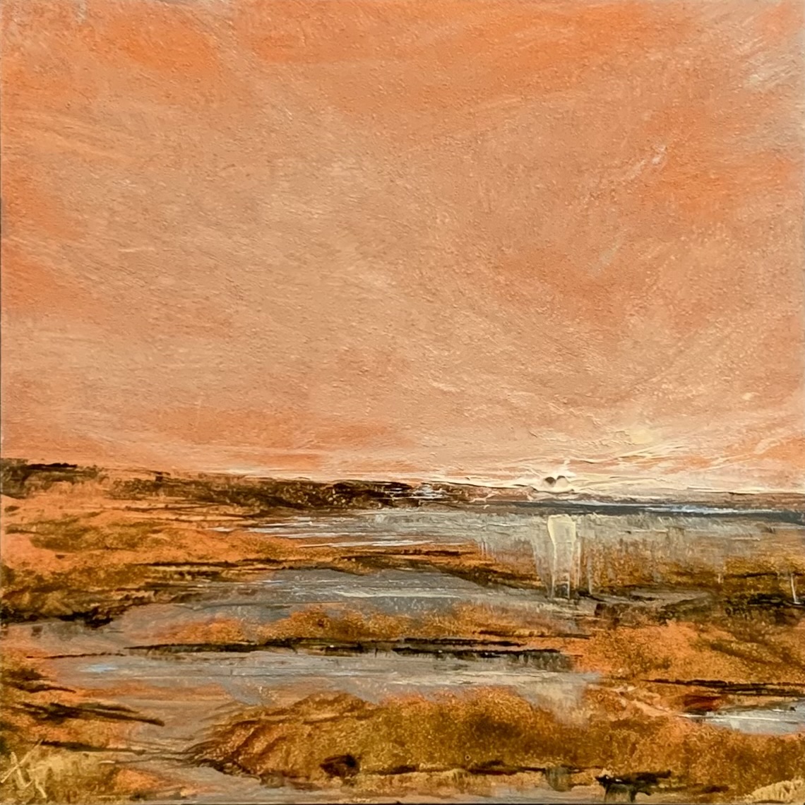 Original oil painting by Tisha Mark, Week 1, 52 Weeks of Finding Light Series, 4"x4" oil on Gessobord (2023). This painting shows an orange-toned sunrise sky over a coastal marsh landscape.