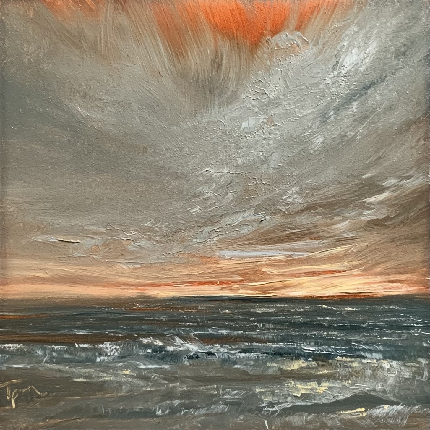 Original oil painting by Tisha Mark, Week 2, 52 Weeks of Finding Light, 4"x4" oil on Gessobord (2023). Painting shows an orange-toned sunrise sky with storm clouds over a choppy sea.