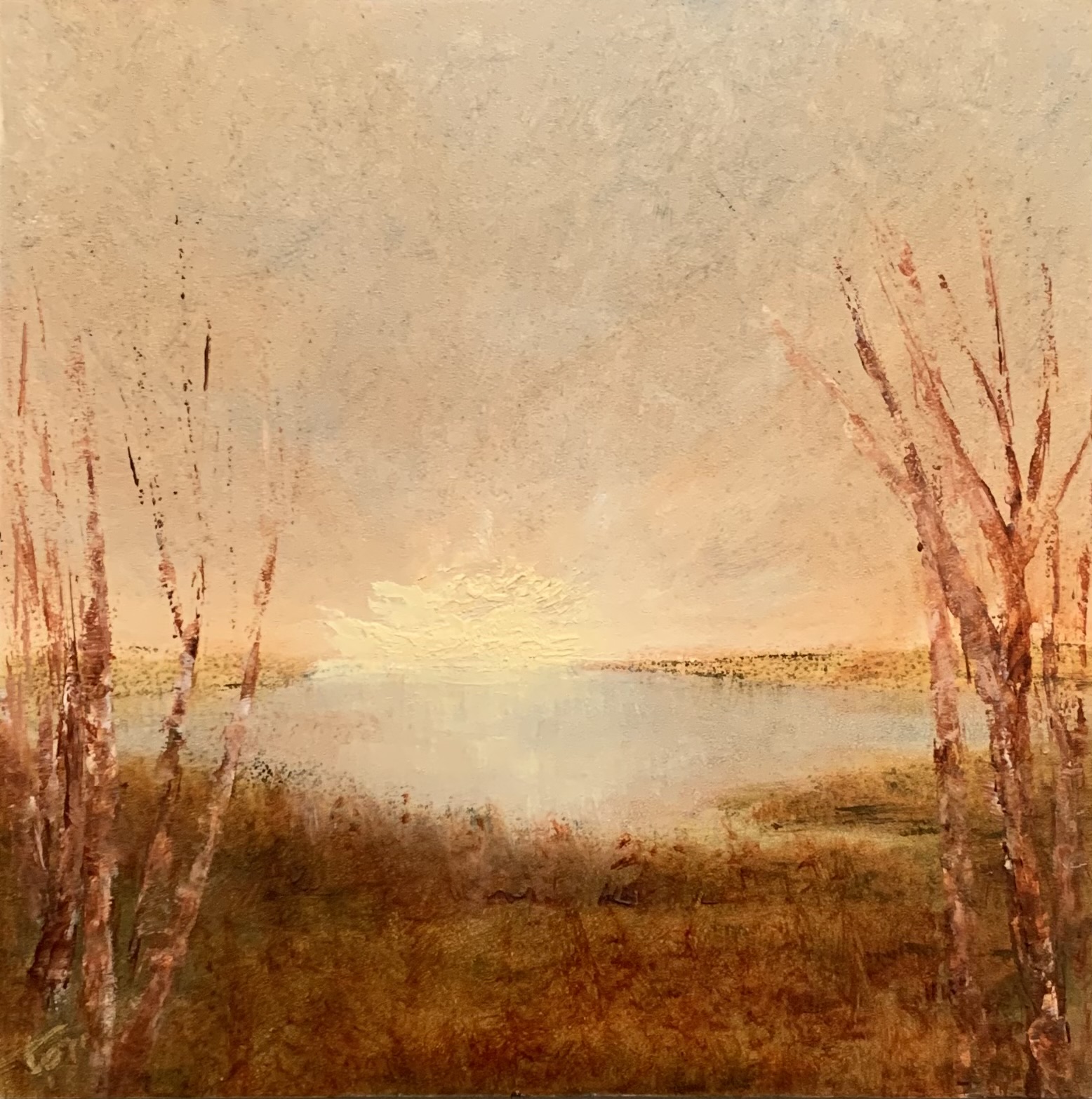 Original oil painting by Tisha Mark, Week 4, 52 Weeks of Finding Light Series, 6"x6" oil on Gessobord (2023). Painting shows a softly lit sunrise or sunset sky with sunlight at the horizon subtly reflecting in the water of a cove. Trees on both sides of the foreground frame the scene.