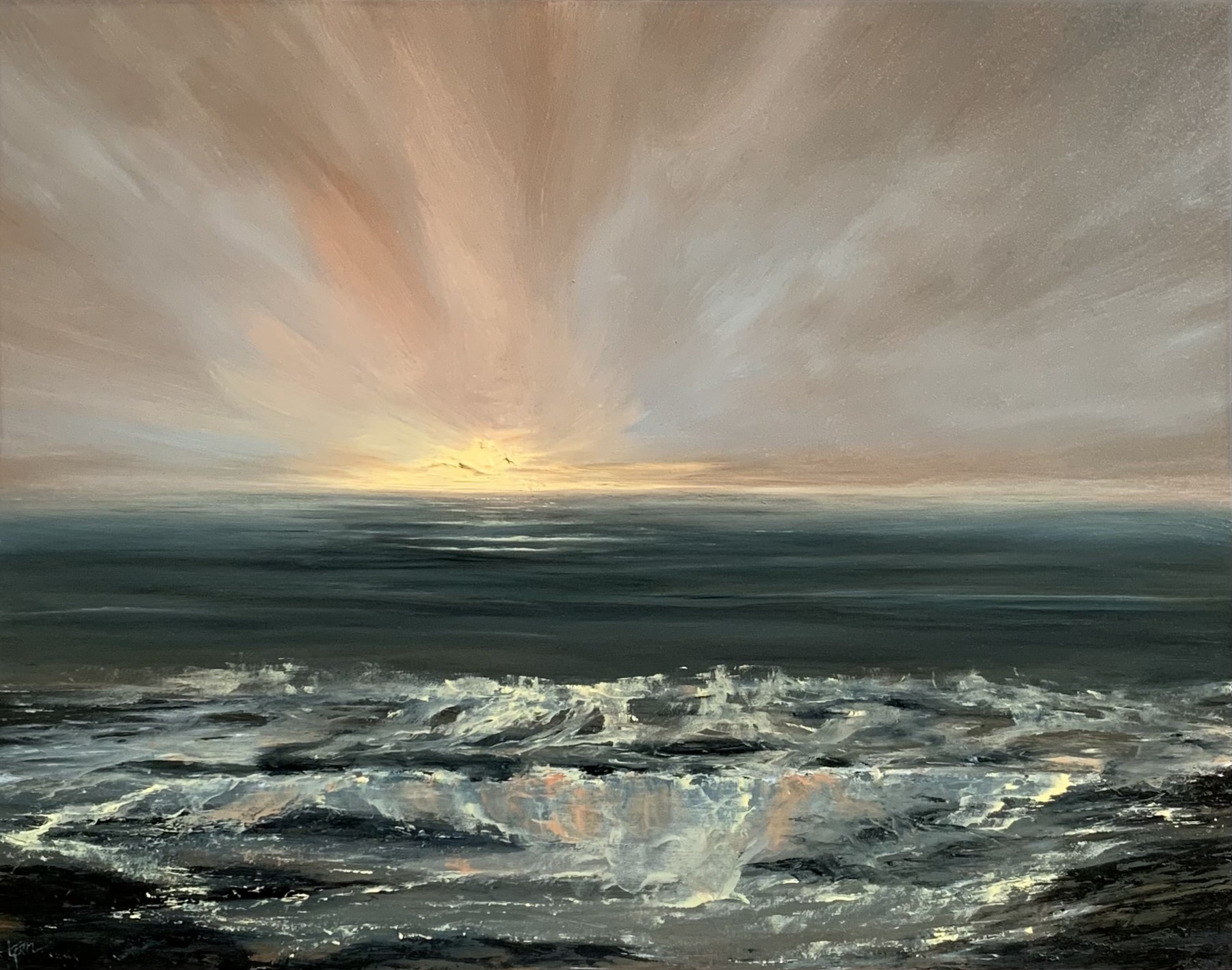 Photo of an original seascape oil painting by Tisha Mark, "The Morning Show (Week 11, 52 Weeks of Finding Light Series)" 11"x14" oil on Gessobord (2023). This painting shows an orange-toned sky sunrise over a moody, dark blue sea. A wave that has crashed onto the shore is reflecting bits of orange and yellow light of the sunrise as the water meanders along the rocks of the shoreline.