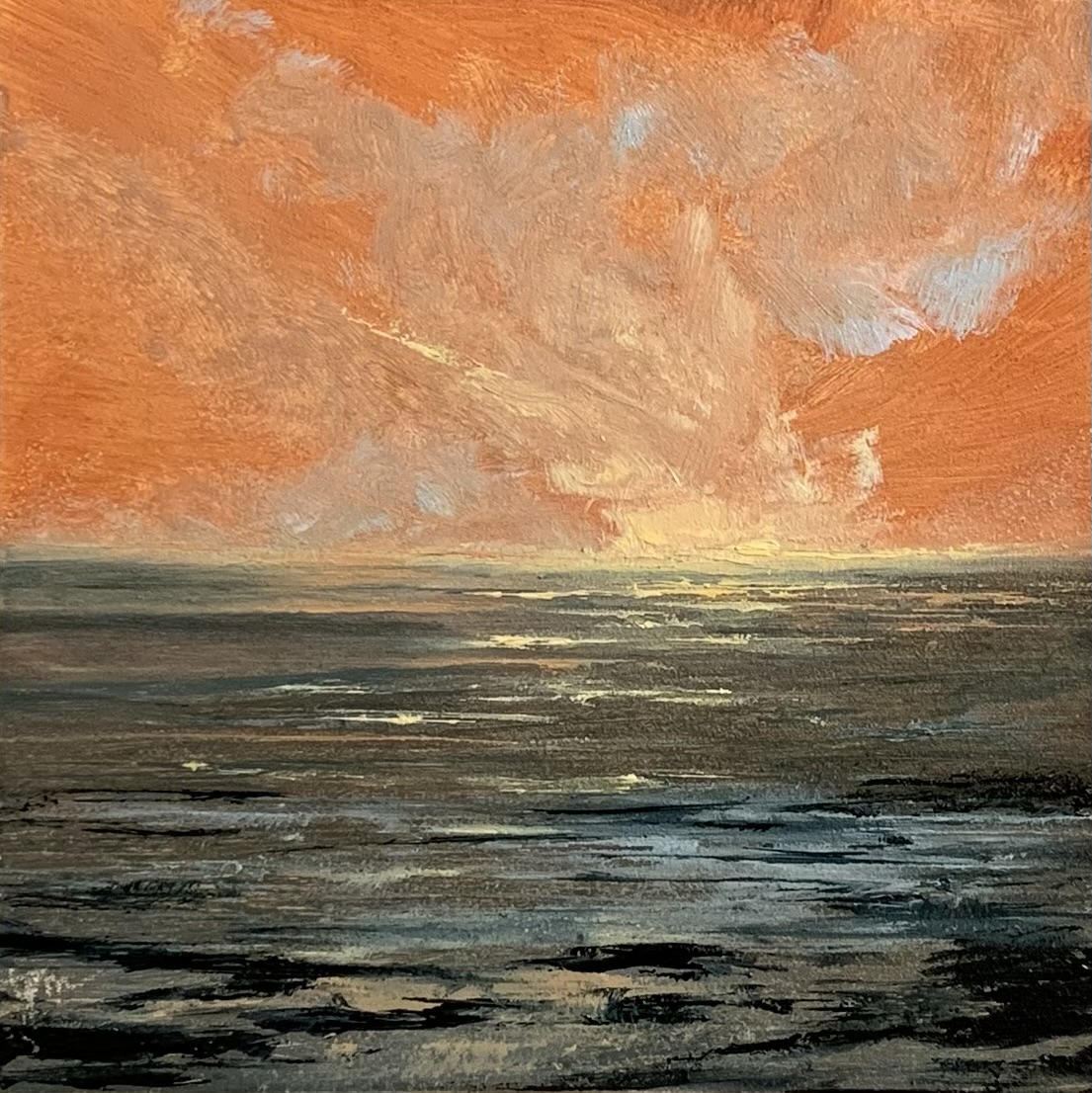 Original seascape oil painting by Tisha Mark, Week 13, 52 Weeks of Finding Light Series, 4"x4" oil on gessobord (2023). Painting features a sunrise with an orange-toned sky over a gray-blue sea.