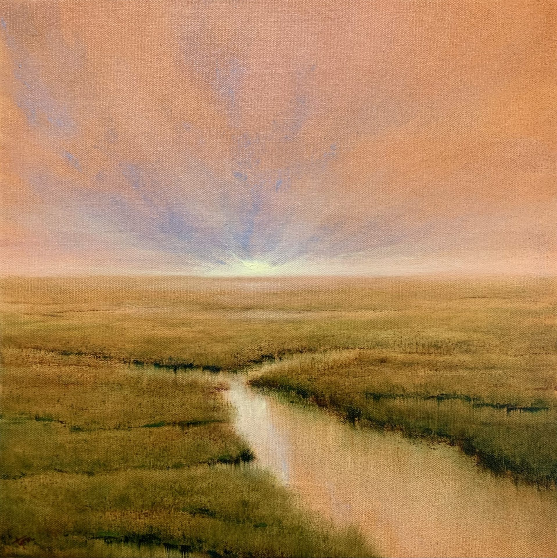 Original oil painting by Tisha Mark, "Awake (Week 16, 62 Weeks of Finding Light Series)" 16"x16" oil on canvas. Painting shows a marshy landscape underneath an orange-toned sunrise or sunset sky.