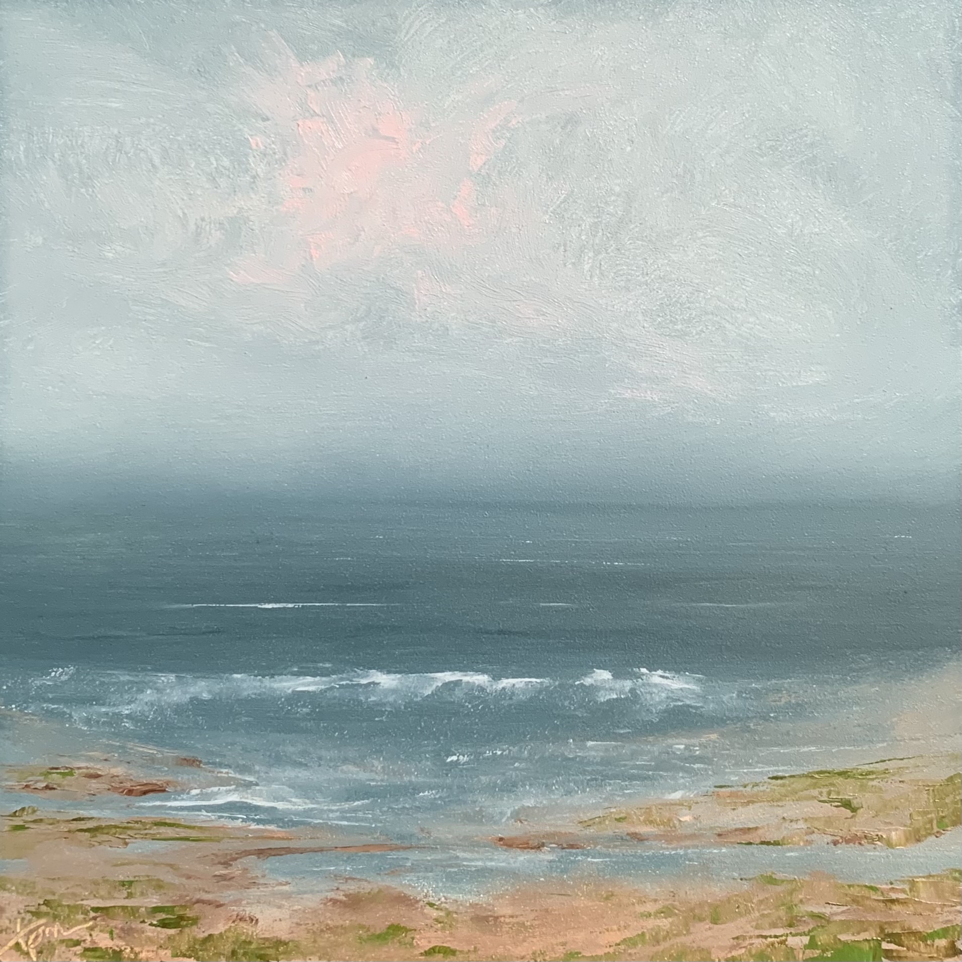Photo of an original seascape painting by Tisha Mark, “Little Seaside Visits No. 2” 6”x6” oil on Gessobord (2023). This seascape features a soft springtime color palette with soft pink clouds in a blue sky over peaceful ocean. The shore features bits of sea grass just greening up.