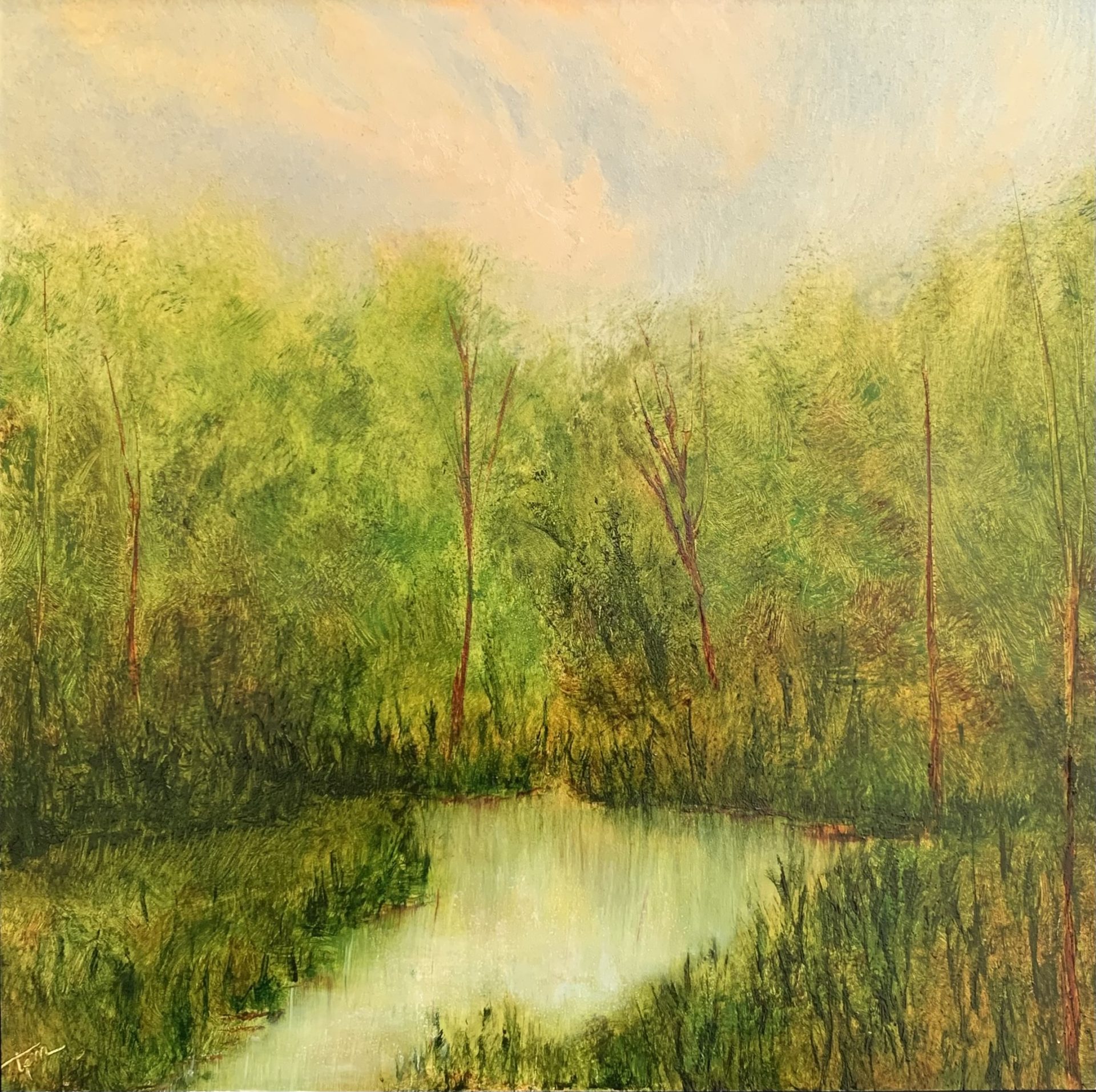 Original landscape oil painting by Tisha Mark, Spring's Promise Fulfilled (Week 15, 52 Weeks of Finding Light Series), 8"x8" oil on gessobord (2023). Painting shows lush, soft green landscape with a body of water. Light light from a pastel orange and grayish-blue sky reflects in the water below.