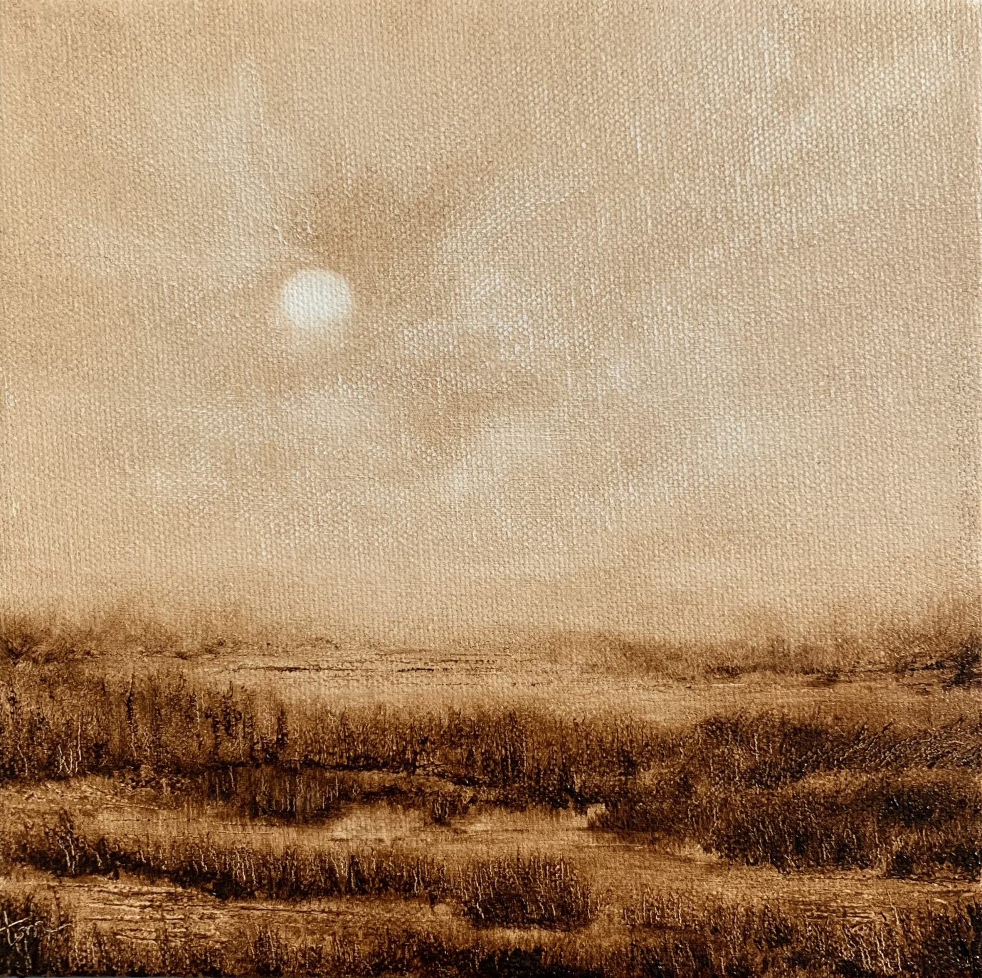 Original oil painting by Tisha Mark, Week 17, 52 Weeks of Finding Light Series, 8"x8" oil on canvas (2023). Painting features a sun or moon rising over a marshy landscape. Painted in a monochromatic limited palette of earthy browns, reminiscent of a sepia-toned photograph.