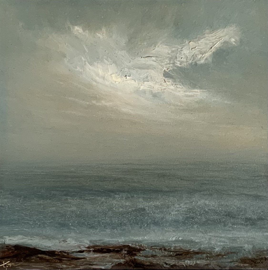 Original oil painting by Tisha Mark, "Week 20, 52 Weeks of Finding Light Series" 5"x5" oil on cradled board (2023). This painting is a small seascape that interprets the moment when light first emerges after a storm over the sea.