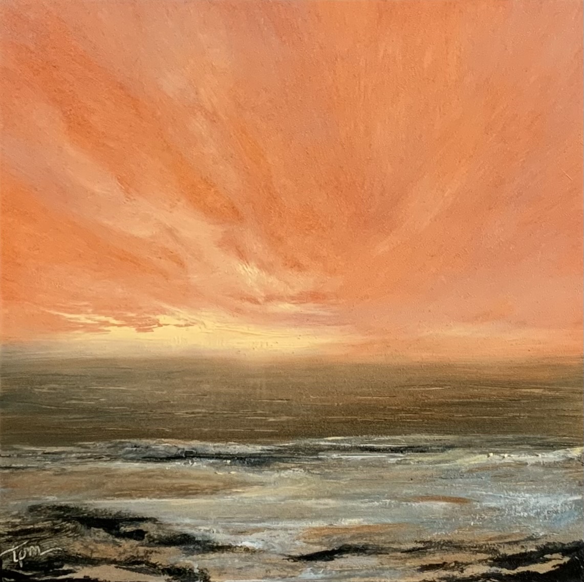 Original seascape oil painting by Tisha Mark, "Week 19, 52 Weeks of Finding Light Series, 5"x5" oil on cradled GEssobord (2023). Painting of a seascape with a fiery orange sky, with yellow light at the horizon. Light reflects off of the sea as the waves meet the rocky shore.