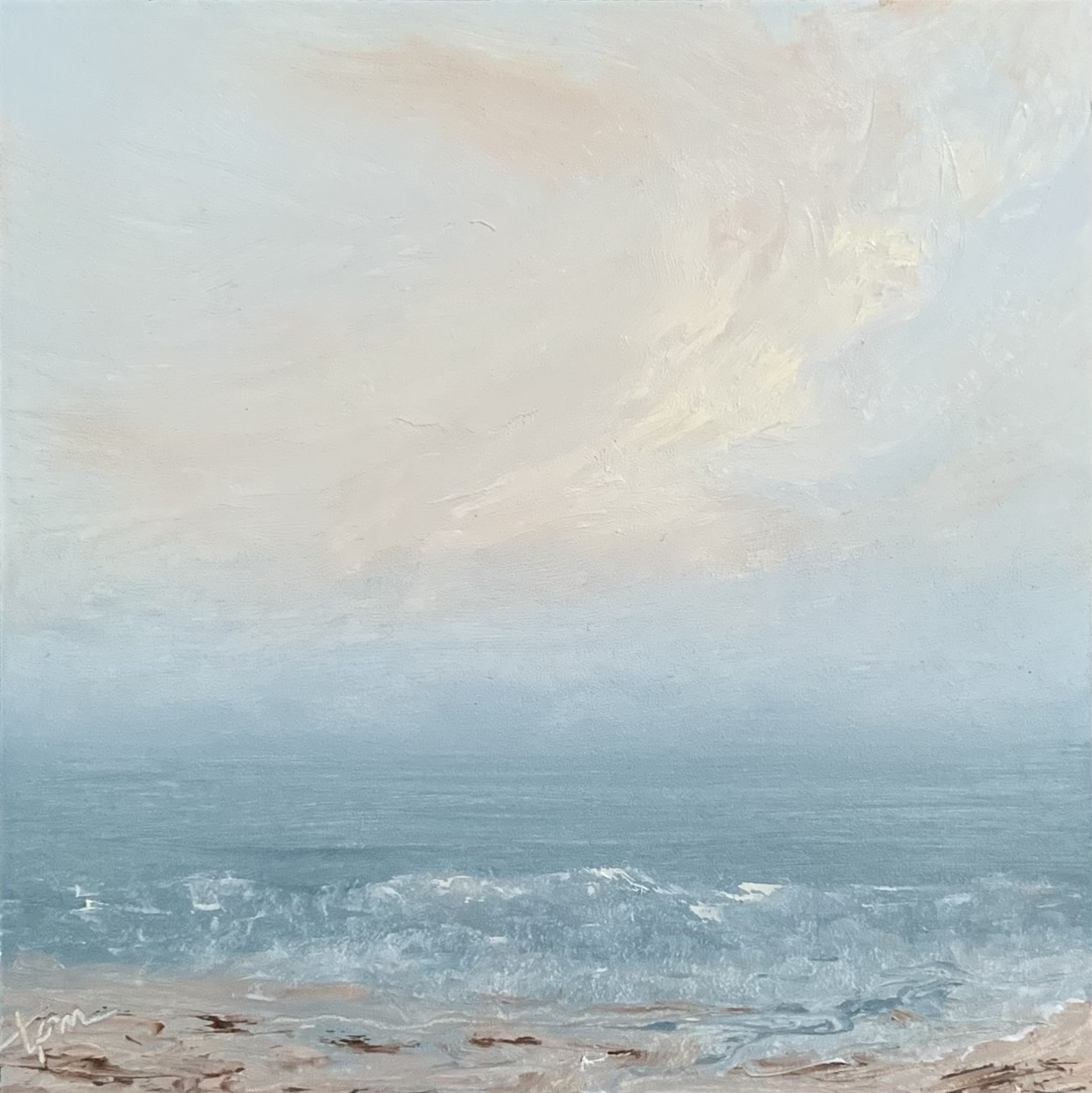 Original tiny oil painting by Tisha Mark, "Week 22, 52 Weeks of Finding Light Series" 4"x4" oil on gessobord (2023). This tiny seascape features soft, pastel tones of textured sunlight in the sky over a calm sea meeting the shore.