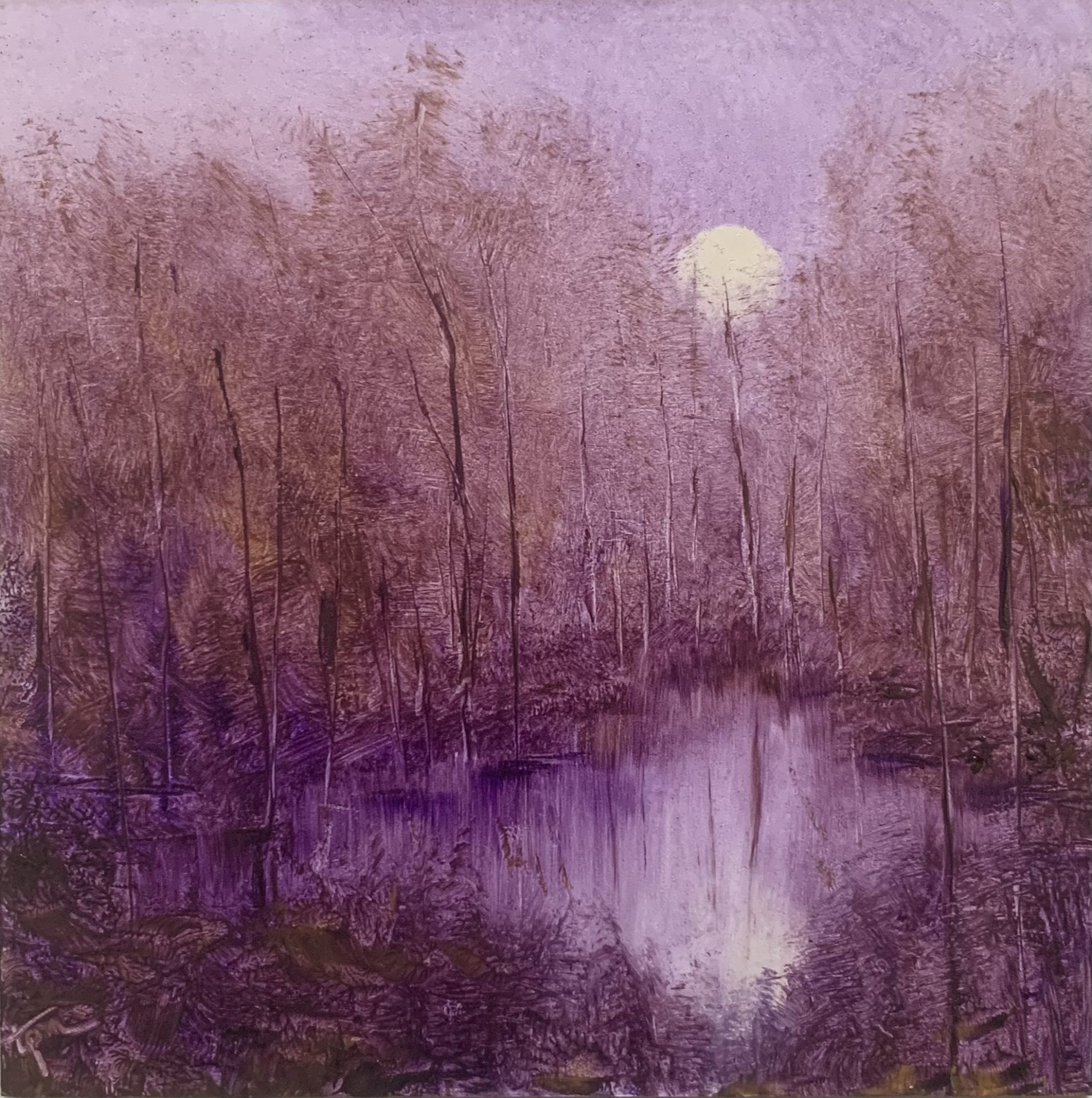 Original landscape oil painting by Tisha Mark, Week 5, 52 Weeks of Finding Light Series, 6"x6" oil on gessobord (2023). This nocturne painting features a full moon rising over a treeline and reflecting in a body of water. Painted in a limited palette of purple tones with ochre and light yellow.