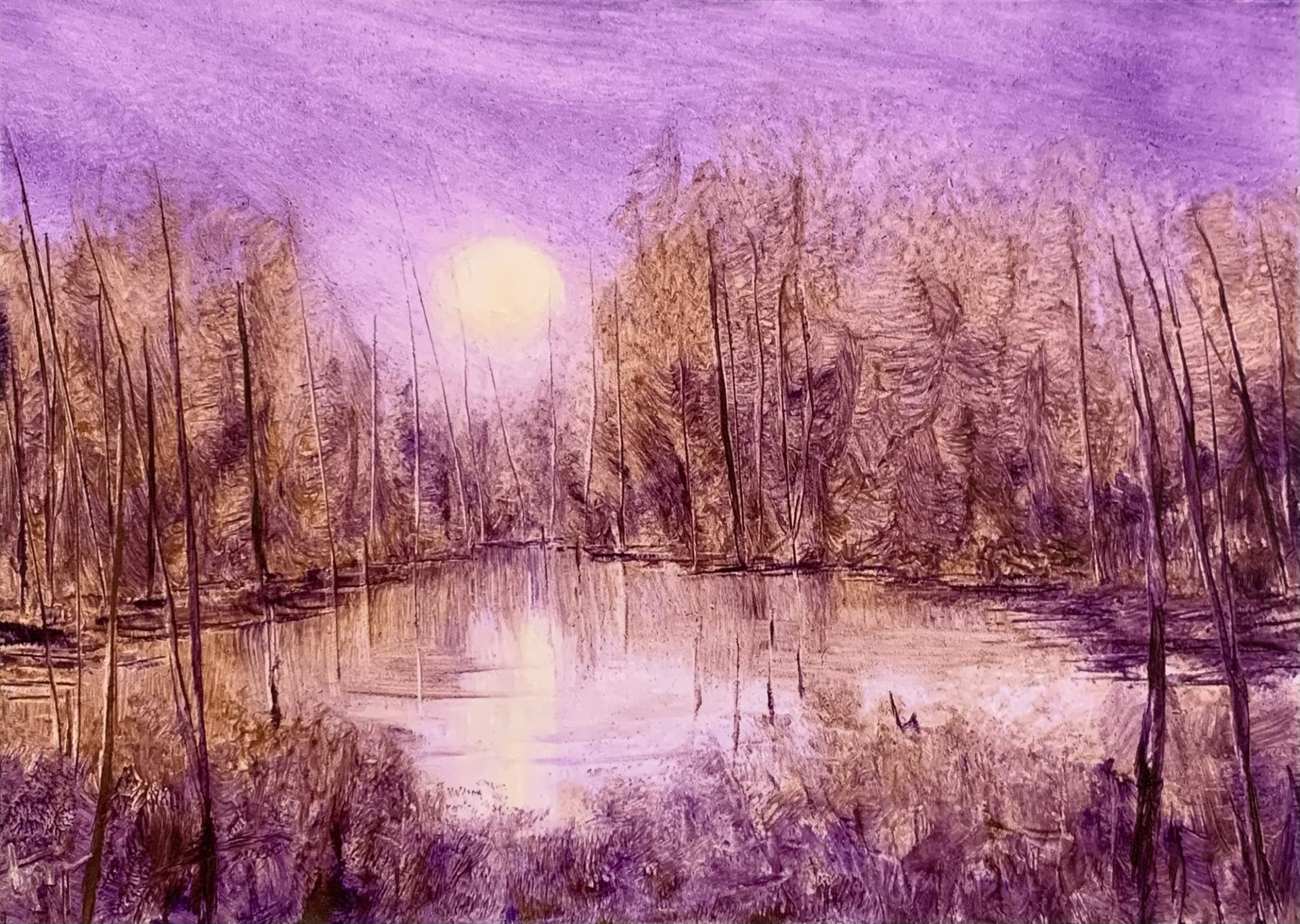Original landscape oil painting by Tisha Mark, Week 6, 52 Weeks of Finding Light Series, 5"x7" oil on gessobord (2023). This nocturne painting features a full moon rising over a treeline and reflecting in a body of water. Painted in a limited palette of purple tones with ochre and light yellow.