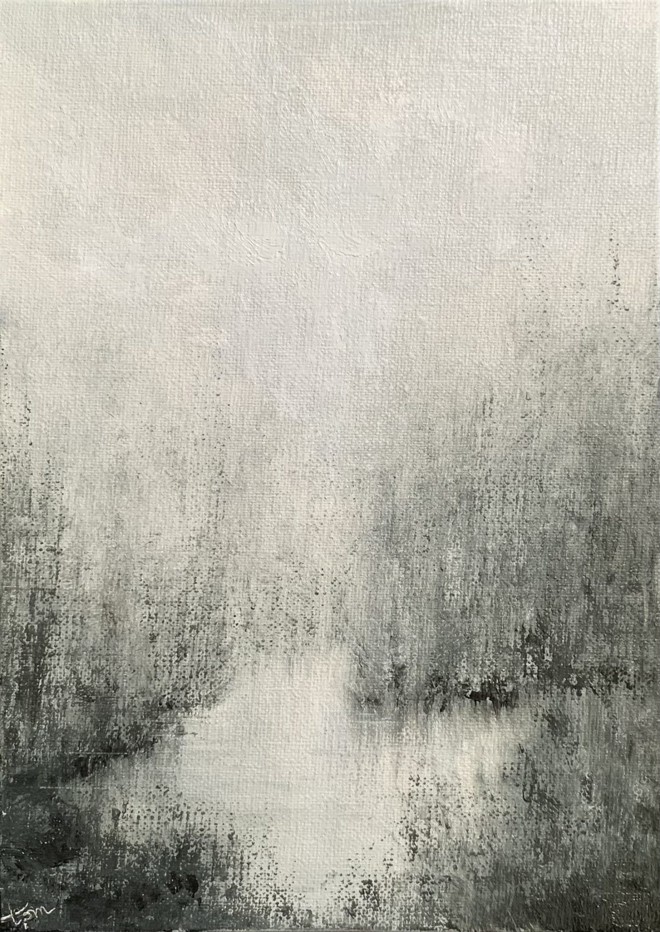 Original landscape oil painting by Tisha Mark, Week 24, 52 Weeks of Finding Light), 7”x5” oil on linen panel (2023). Vertically oriented landscape painting in a limited palette of soft cool gray tones featuring an atmospheric foggy scene of trees surrounding a body of water that fades into the distance.