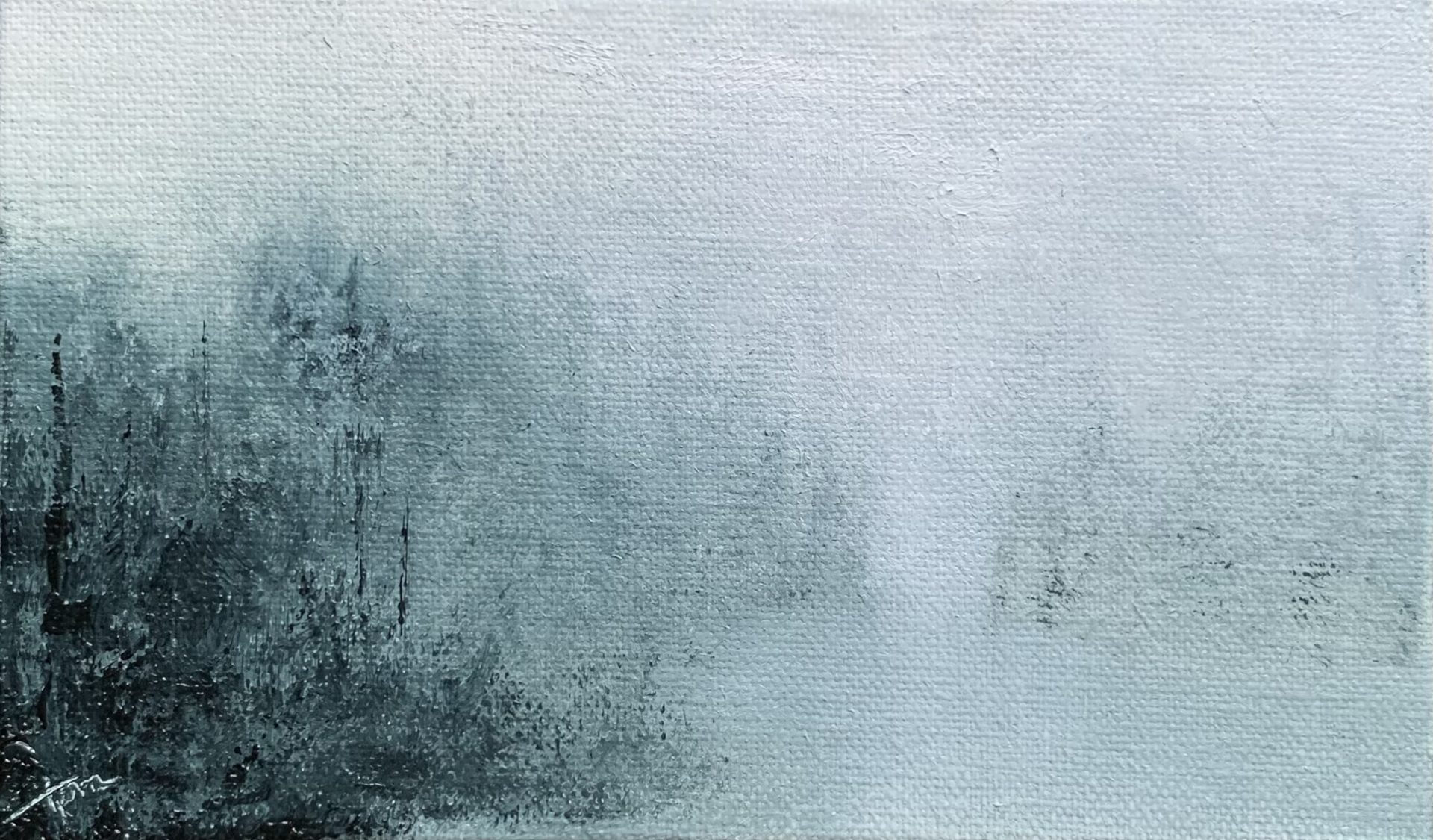 Original oil painting by Tisha Mark, Week 25, 52 Weeks of Finding Light Series, 3"x5" oil on linen panel (2023). Tiny landscape painting in a limited palette of soft cool gray-blue tones, featuring an atmospheric foggy scene of trees surrounding a body of water that fades into the distance.