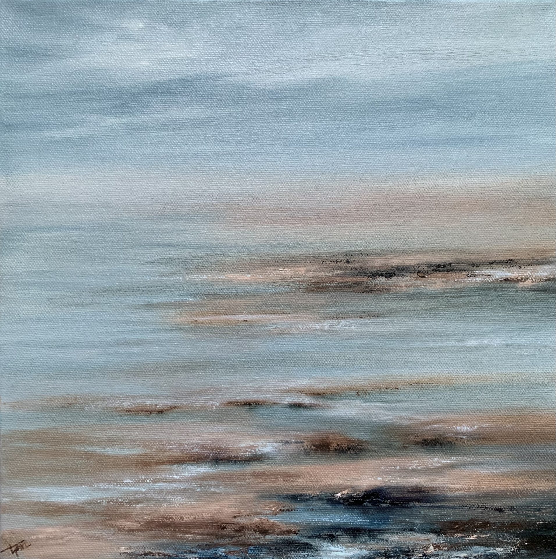 Photo of original seascape oil painting by Tisha Mark, "Tide Pools III" 12"x12 oil on canvas (2022). Seascape painting in cool blues and grays with contrasting warm tones of brown featuring textures found in tide pools during a wintertime visit to a beach.