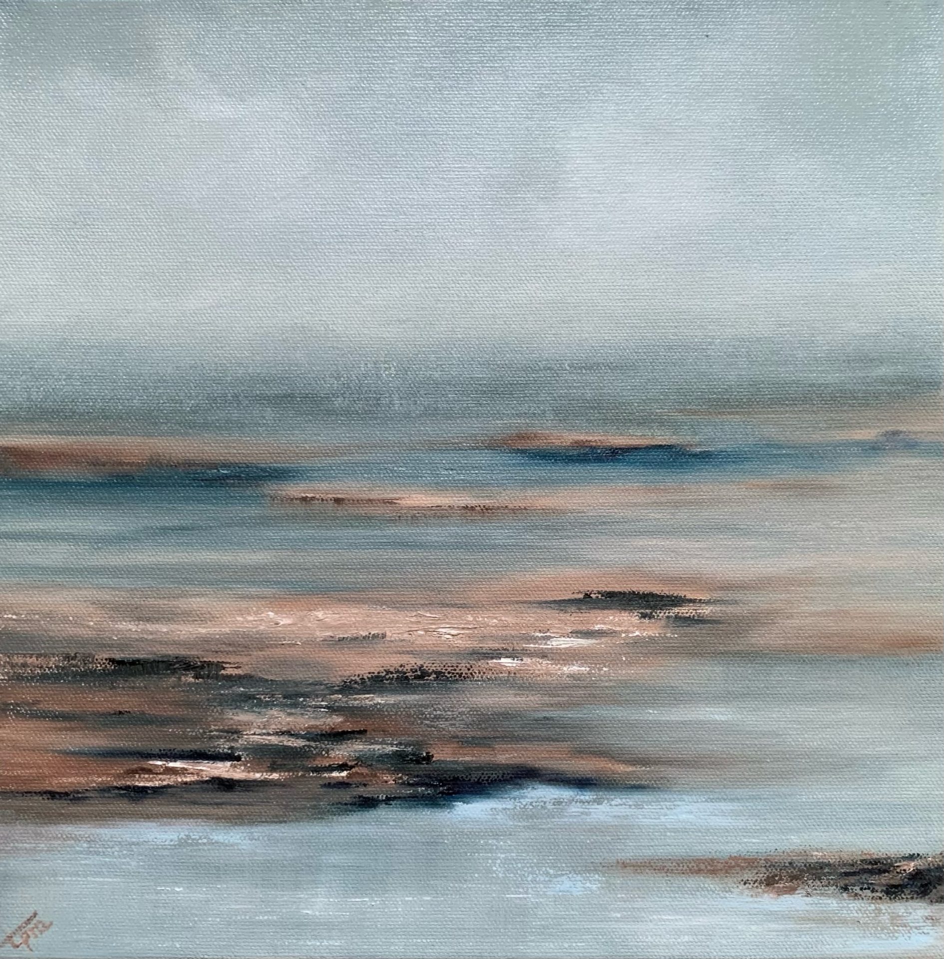 Photo of original seascape oil painting by Tisha Mark, "Tide Pools II" 12"x12 oil on canvas (2022). Seascape painting in cool blues and grays with contrasting warm tones of brown featuring textures found in tide pools during a wintertime visit to a beach.