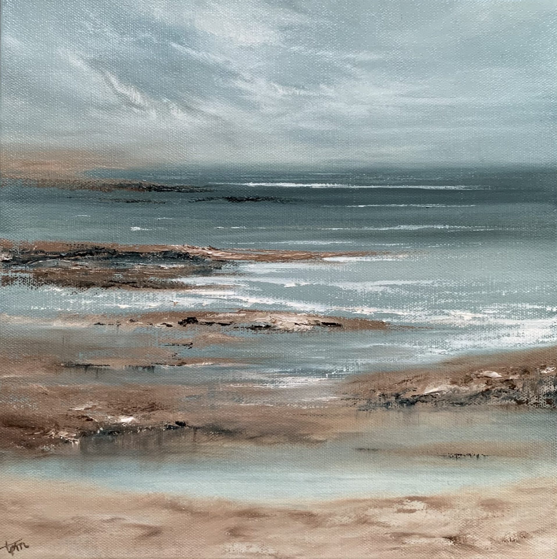 Photo of original seascape oil painting by Tisha Mark, "Tide Pools IV" 12"x12 oil on canvas (2022). Seascape painting in cool blues and grays with contrasting warm tones of brown featuring textures found in tide pools during a wintertime visit to a beach.