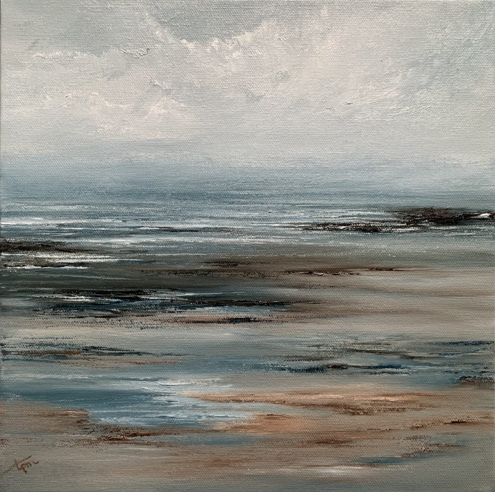 Photo of original seascape oil painting by Tisha Mark, "Tide Pools I" 12"x12 oil on canvas (2022). Seascape painting in cool blues and grays with contrasting warm tones of brown featuring textures found in tide pools during a wintertime visit to a beach.