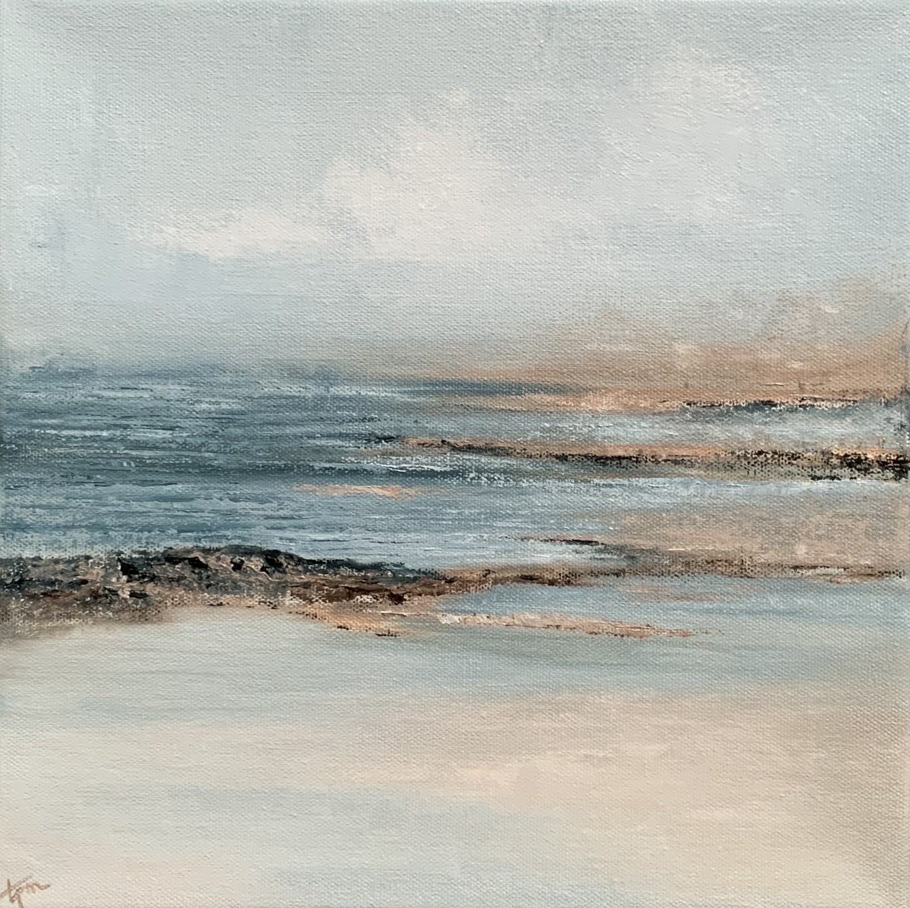 Photo of original seascape oil painting by Tisha Mark, "Tide Pools VI" 12"x12 oil on canvas (2022). Seascape painting in cool blues and grays with contrasting warm tones of brown featuring textures found in tide pools during a wintertime visit to a beach.