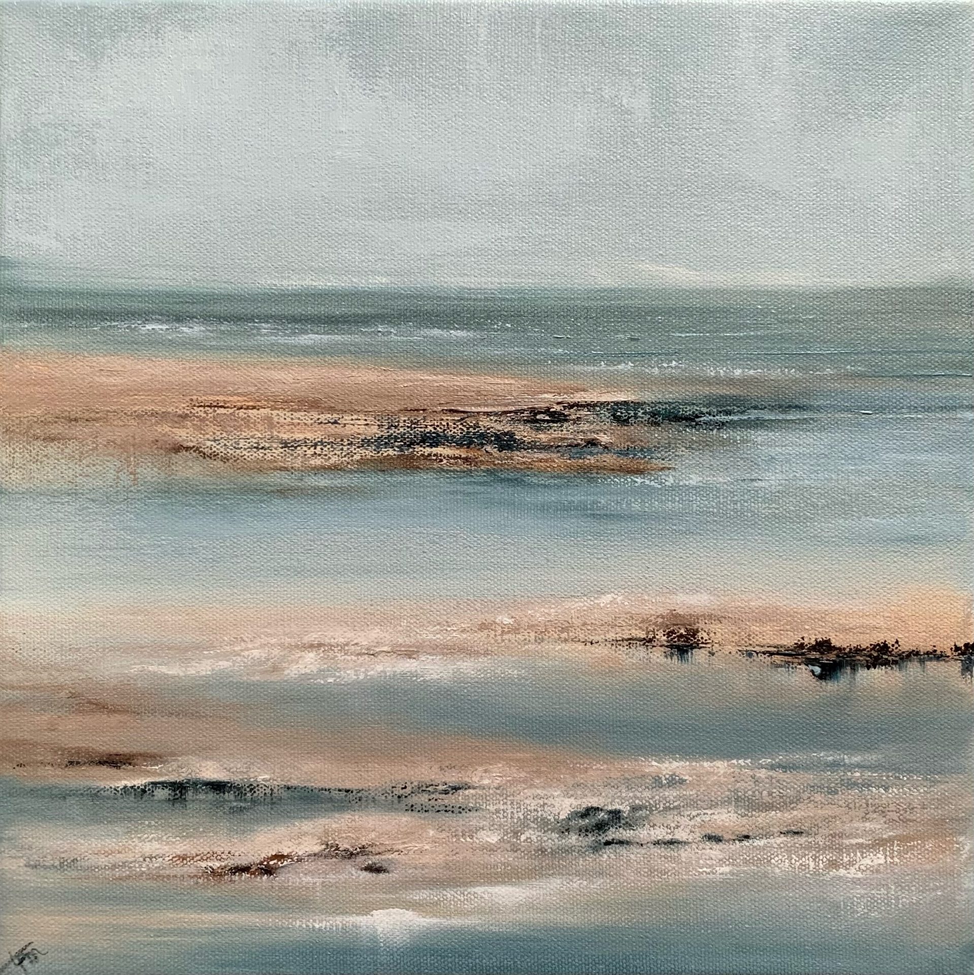 Photo of original seascape oil painting by Tisha Mark, "Tide Pools V" 12"x12 oil on canvas (2022). Seascape painting in cool blues and grays with contrasting warm tones of brown featuring textures found in tide pools during a wintertime visit to a beach.