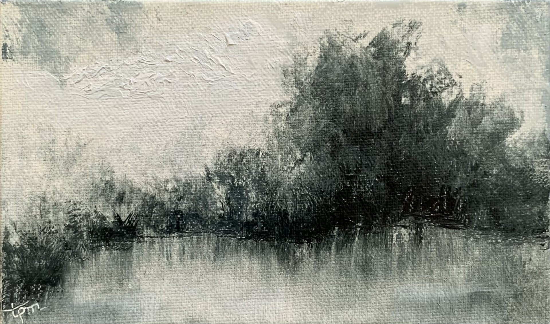 Original tiny oil painting by Tisha Mark, Week 27, 52 Weeks of Finding Light Series, 3"x5" oil on linen panel (2023). Painted in monochromatic cool grays, this tiny landscape scene shows a tree-lined body of water underneath a partially cloudy sky with light reflecting in the water below.