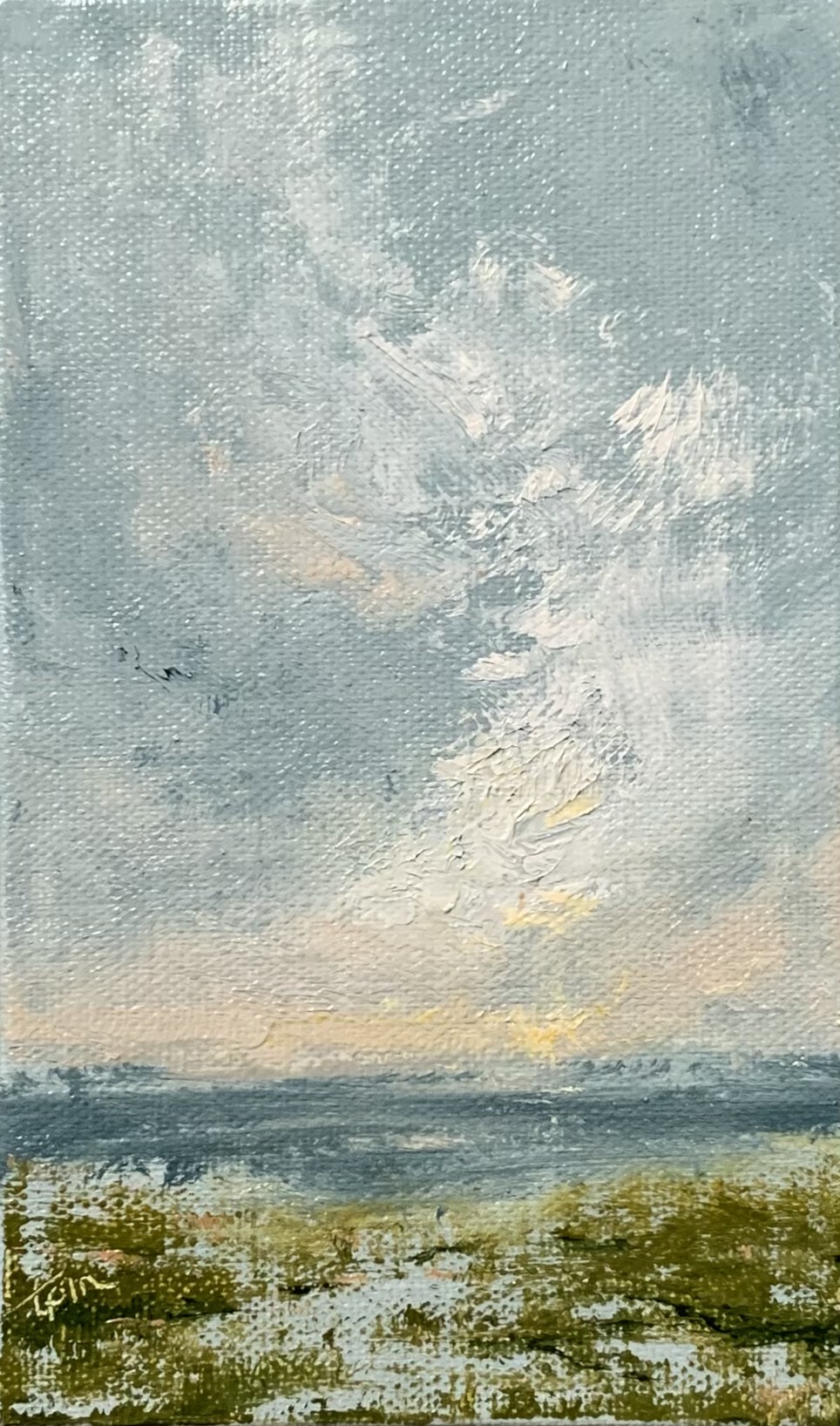 Original tiny oil painting by Tisha Mark, Week 29, 52 Weeks of Finding Light Series, 5"x3" oil on linen panel (2023). Painting of a cloudscape at sunrise over a coastal marsh.