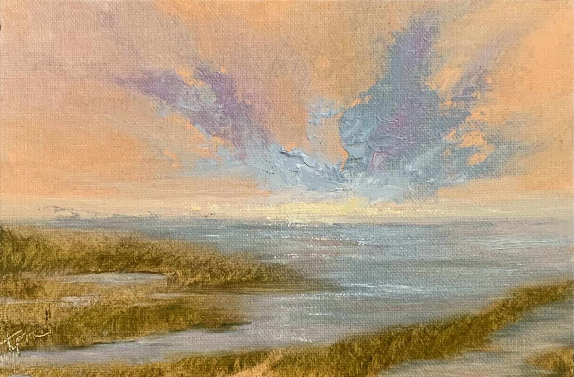 Original tiny oil painting by Tisha Mark, Week 30, 52 Weeks of Finding Light Series, 4"x6" oil on linen panel (2023). This tiny seascape features an orange-toned sunrise sky with blue and lavender cloud formations.