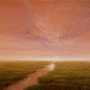 Original oil painting by Tisha Mark, "Late Summer Stillness" 18"x24" oil on canvas (2023). Landscape painting featuring an orange-toned sunrise sky over a coastal marsh.