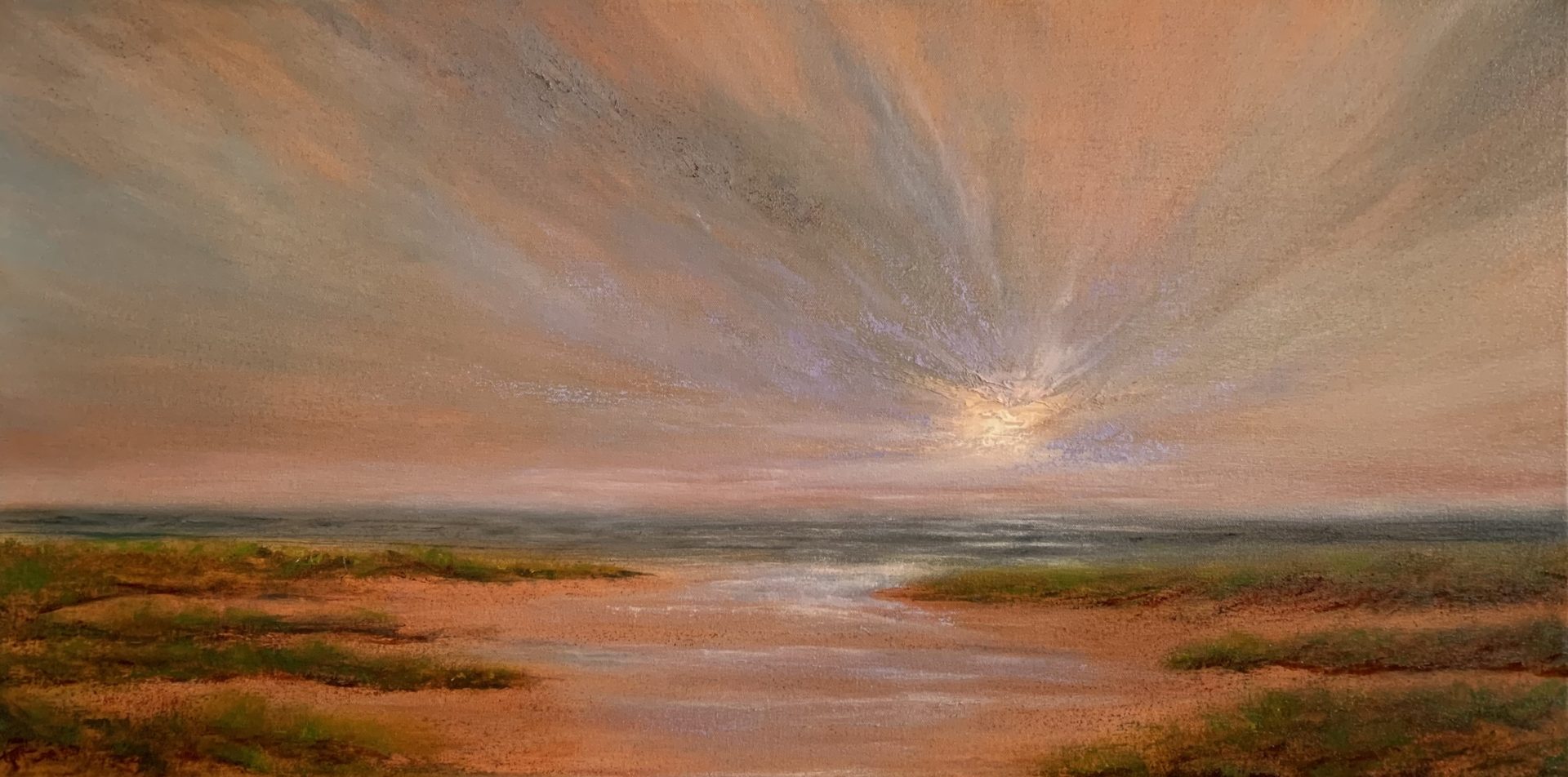 Original seascape oil painting by Tisha Mark, "Early Bright (Week 33, 52 Weeks of Finding Light Series), 18"x36" oil on canvas (2023). This painting features a brilliant sunrise sky over a seashore. The warm tones of the sky and sand complement the cool blue sea and pops of green seagrass, creating a scene that is simultaneously peaceful and energetic.