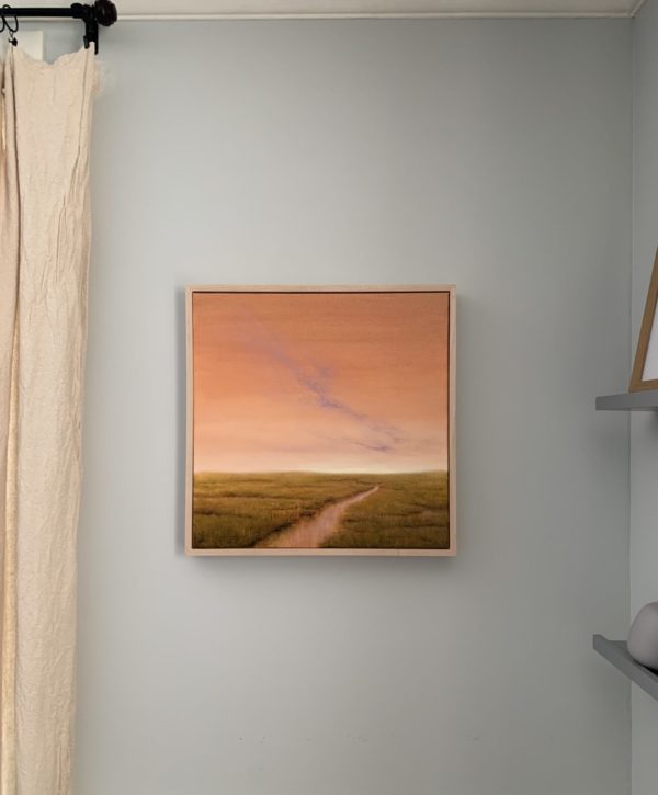 Original marsh painting by Tisha Mark, "Morning Daydream" 16"x16" oil on canvas (2023), shown here in situ, in unfinished maple frame.