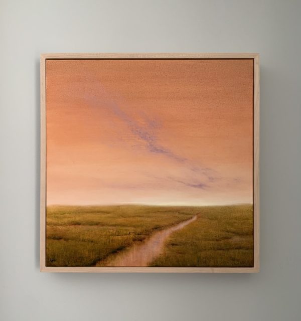 Original marsh painting by Tisha Mark, "Morning Daydream" 16"x16" oil on canvas (2023), shown here in unfinished maple frame.