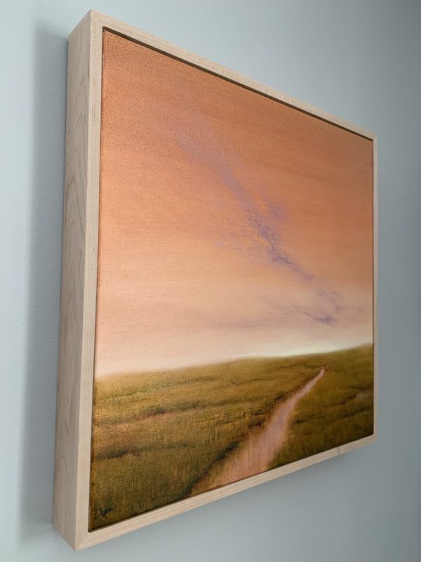 Original marsh painting by Tisha Mark, "Morning Daydream" 16"x16" oil on canvas (2023), shown here in unfinished maple frame at an angle from left.