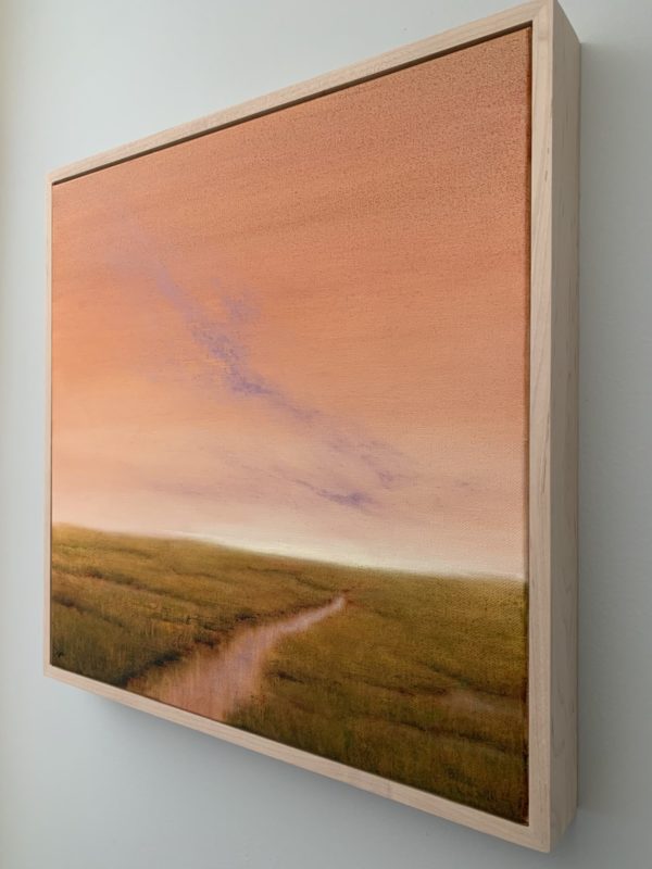 Original marsh painting by Tisha Mark, "Morning Daydream" 16"x16" oil on canvas (2023), shown here in unfinished maple frame, at an angle from right.