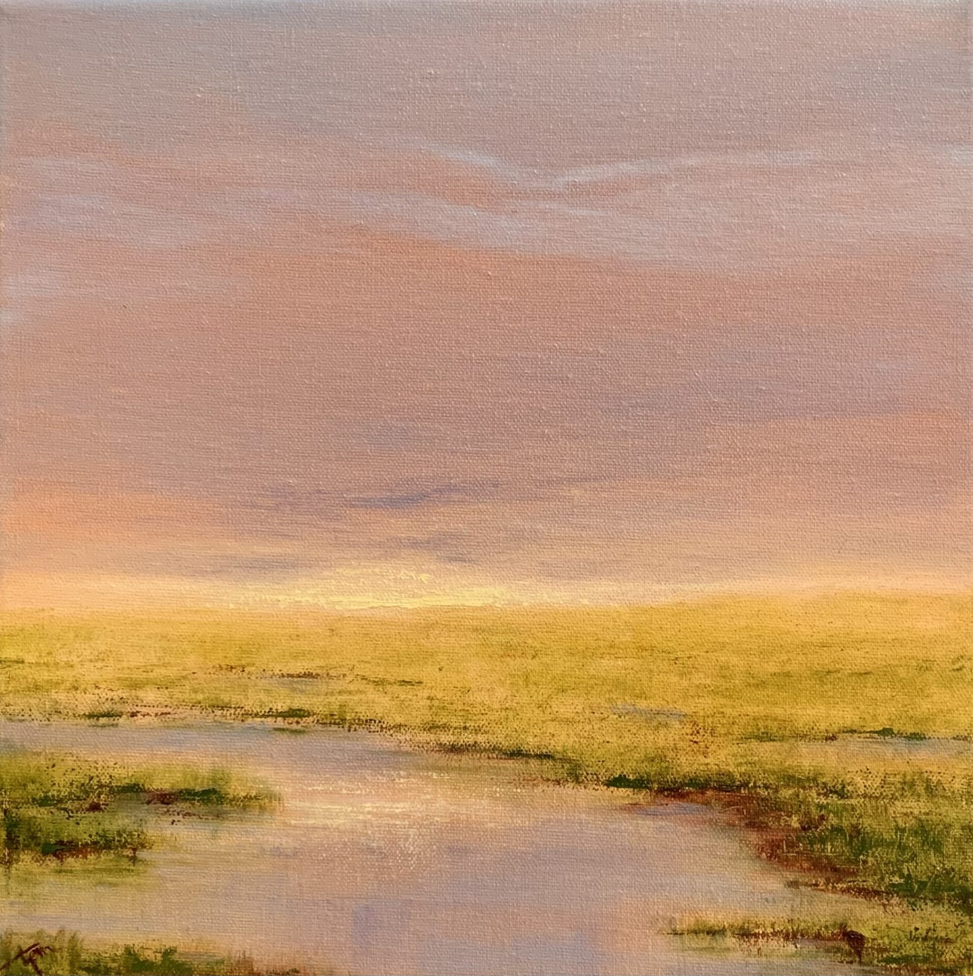 Original landscape oil painting by Tisha Mark, Sweet Summer Mornings (Week 34, 52 Weeks of Finding Light Series), 10"x10" oil on linen stretched canvas (2023). A late summer marshy landscape underneath a soft, orange and lavender sunrise sky.