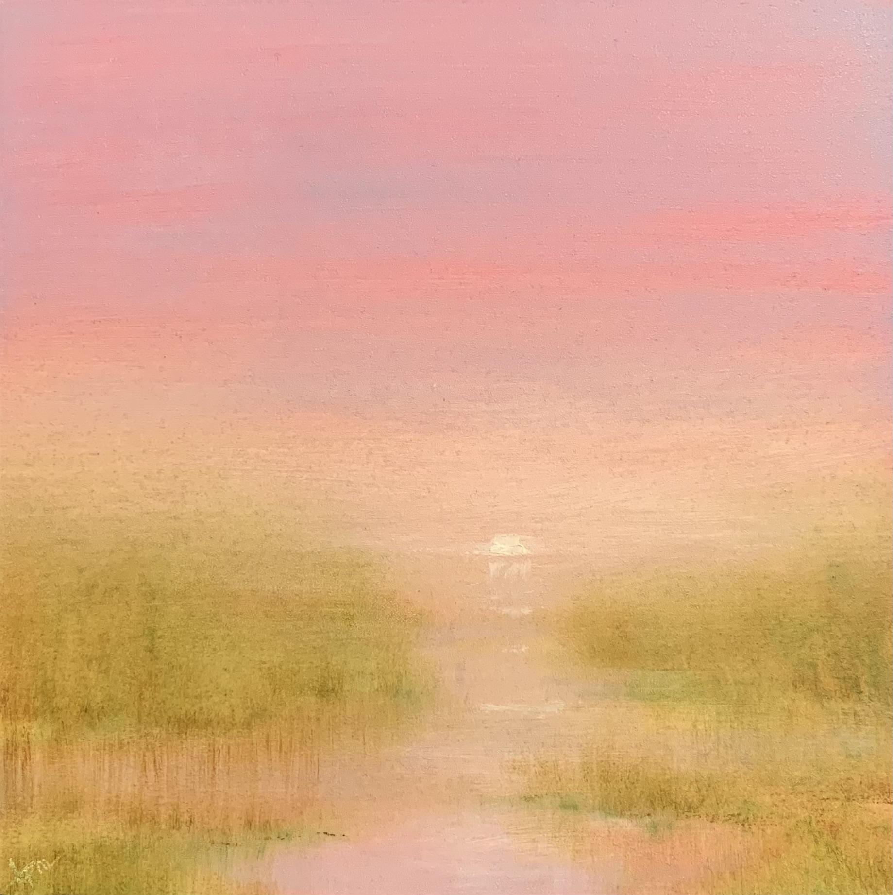Original landscape oil painting by Tisha Mark, Week 35, 52 Weeks of Finding Light Series, 6"x6" oil on gessobord (2023). An atmospheric marshy landscape underneath a soft, pink and lavender sunrise sky.