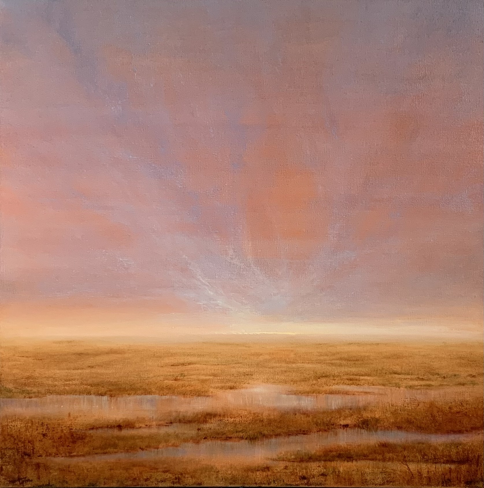Original landscape oil painting by Tisha Mark, "Daybreak" 20"x20" oil on canvas (2023). Autumn marsh landscape underneath an orange-toned sunrise sky.