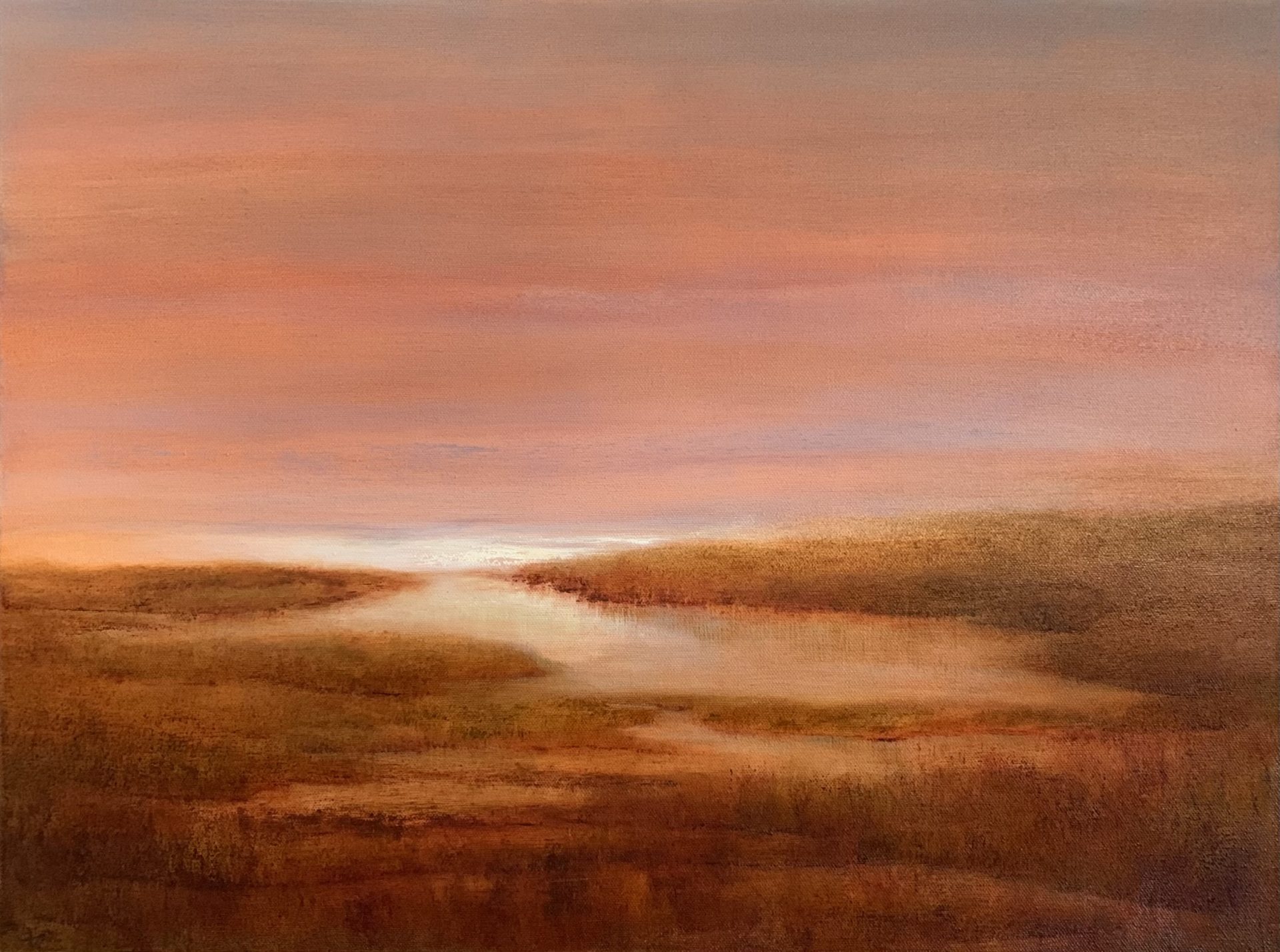 Original landscape oil painting by Tisha Mark, "Quiet Mornings" 18"x24" oil on canvas (2023). Painting of a marsh landscape underneath an orange-toned sunrise sky.