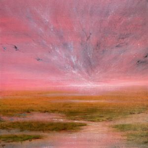Original marsh landscape oil painting by Tisha Mark. "Possibilities" 16"x16" oil on canvas (2023). Painting of a coastal marsh underneath a brilliant pink sunrise or sunset sky.