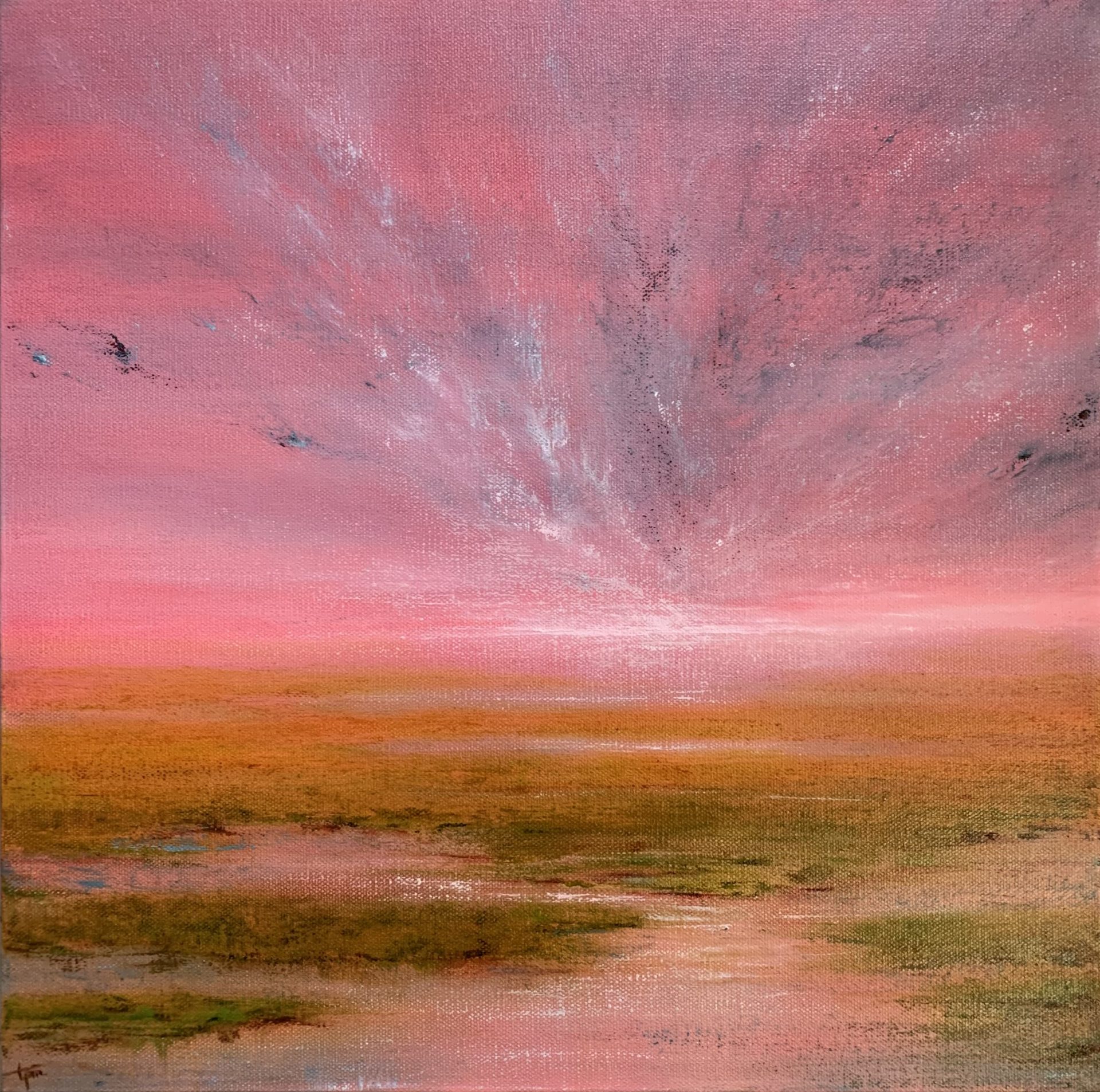 Original marsh landscape oil painting by Tisha Mark. "Possibilities" 16"x16" oil on canvas (2023). Painting of a coastal marsh underneath a bright pink sunrise  or sunset sky.