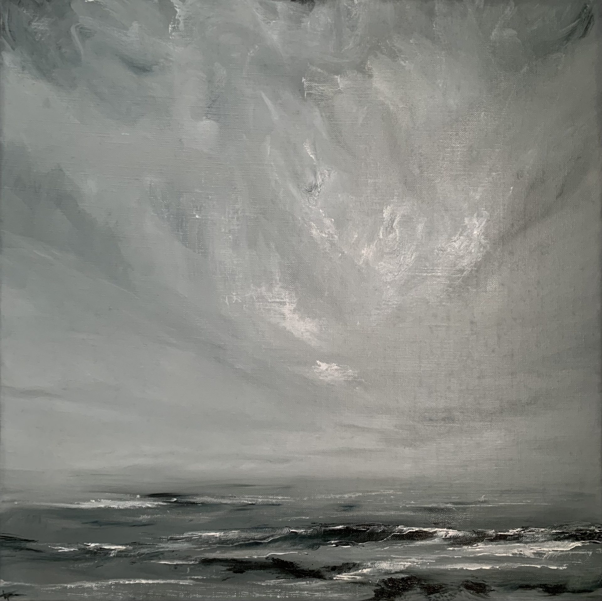 Original seascape oil painting by Tisha Mark, "Wintry Seas No. 1" 20"x20" oil on linen (2024). Wintertime sea and sky, painted in a limited palette of grays, blue, browns, black, and white.
