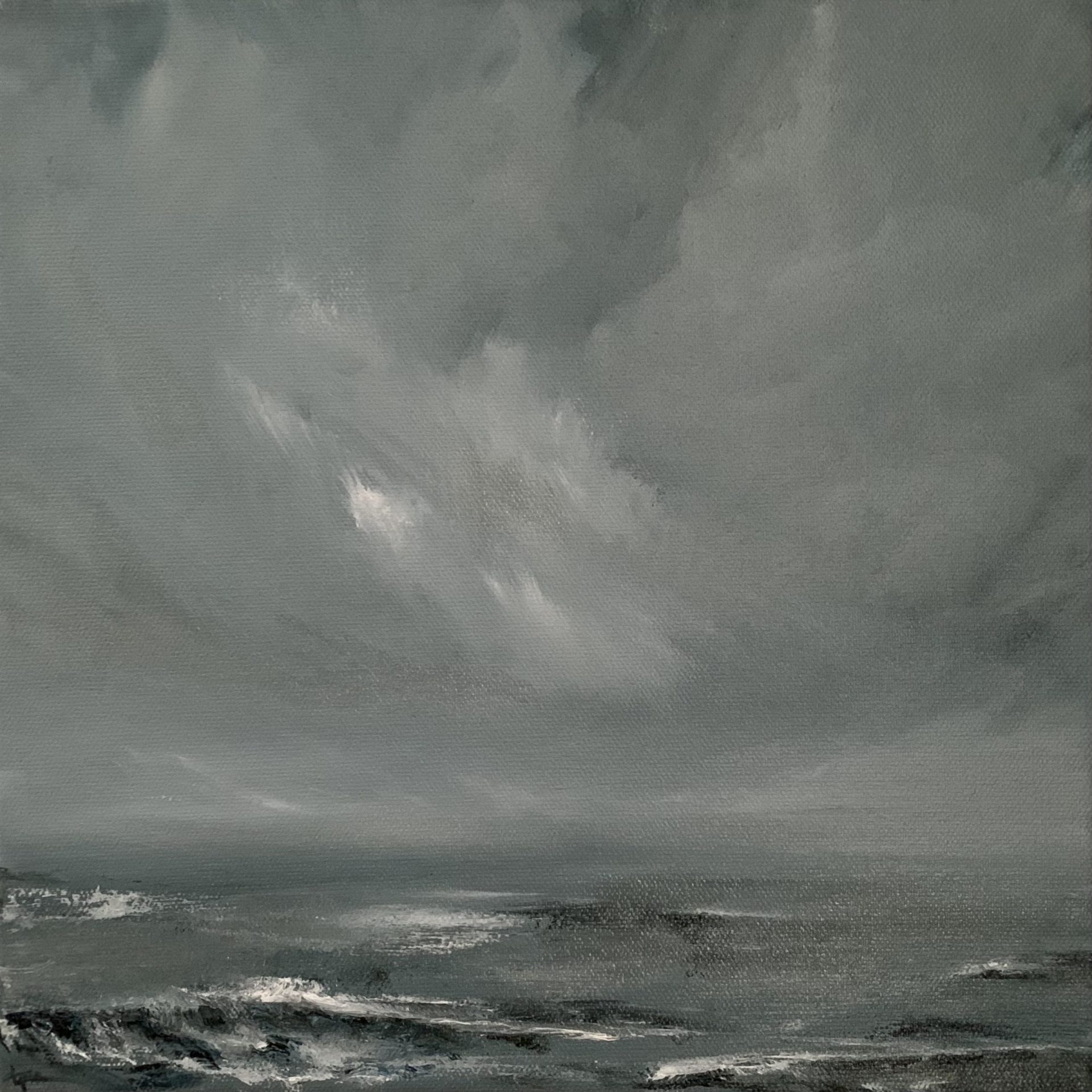 Original seascape oil painting by Tisha Mark, "Wintry Seas No. 2" 12"x12" oil on canvas (2024). Wintertime sea and sky, painted in a limited palette of grays, blue, browns, black, and white.