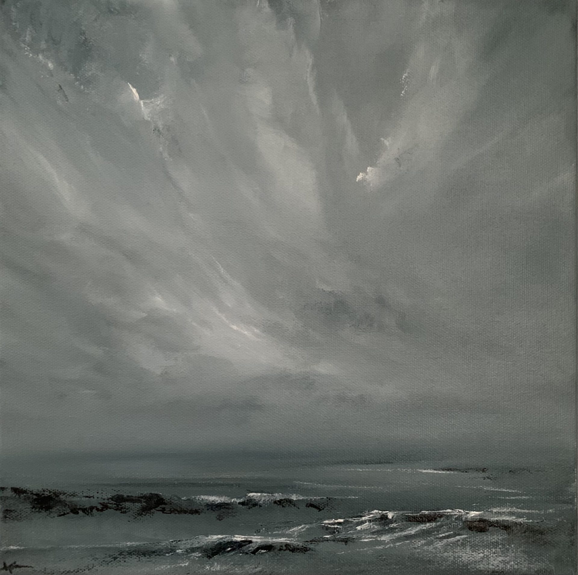 Original seascape oil painting by Tisha Mark, "Wintry Seas No. 3" 12"x12" oil on canvas (2024). Wintertime sea and sky, painted in a limited palette of grays, blue, browns, black, and white.