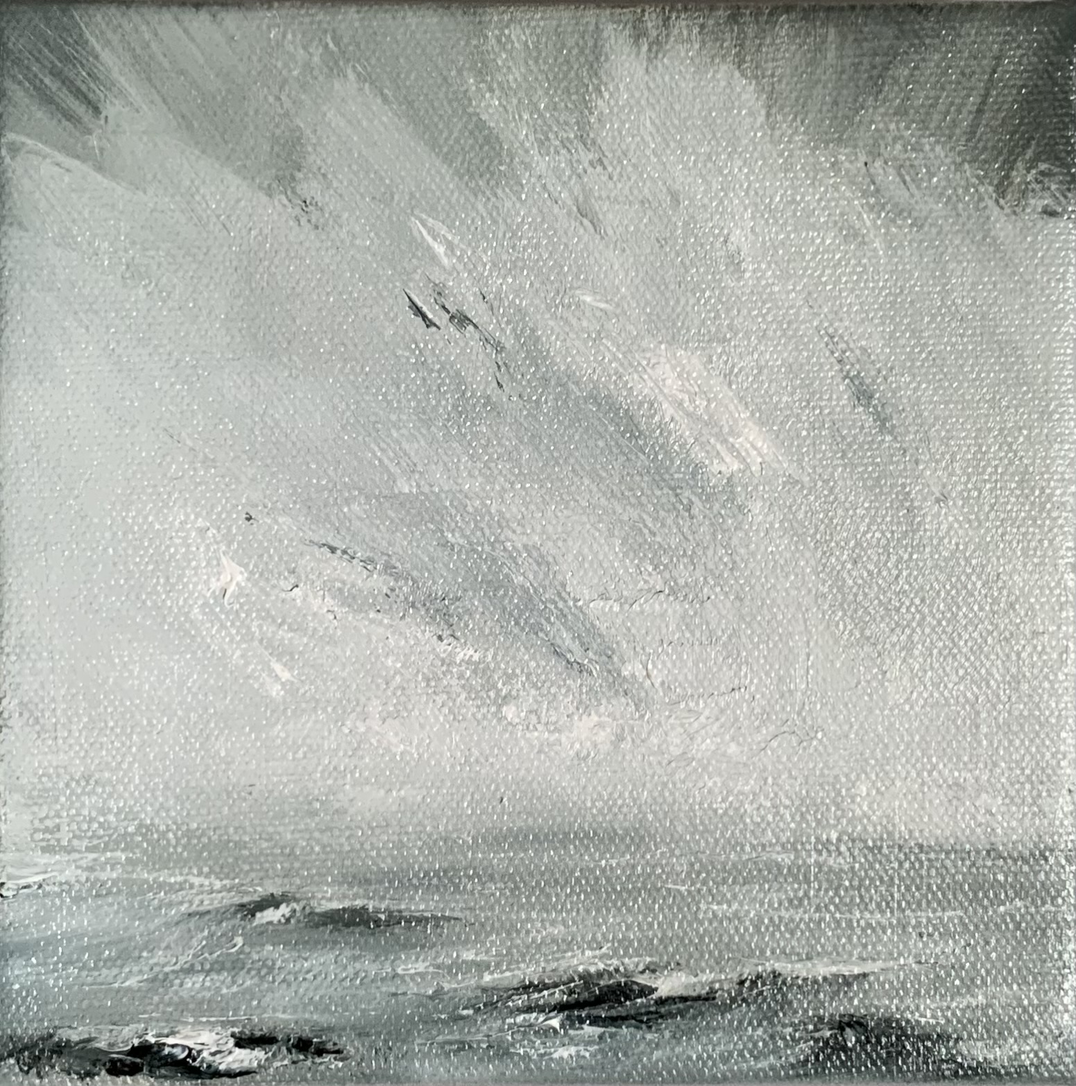 Original seascape oil painting by Tisha Mark, "Wintry Seas No. 4" 6"x6" oil on canvas (2024). Wintertime sea and sky, painted in a limited palette of grays, blue, browns, black, and white.