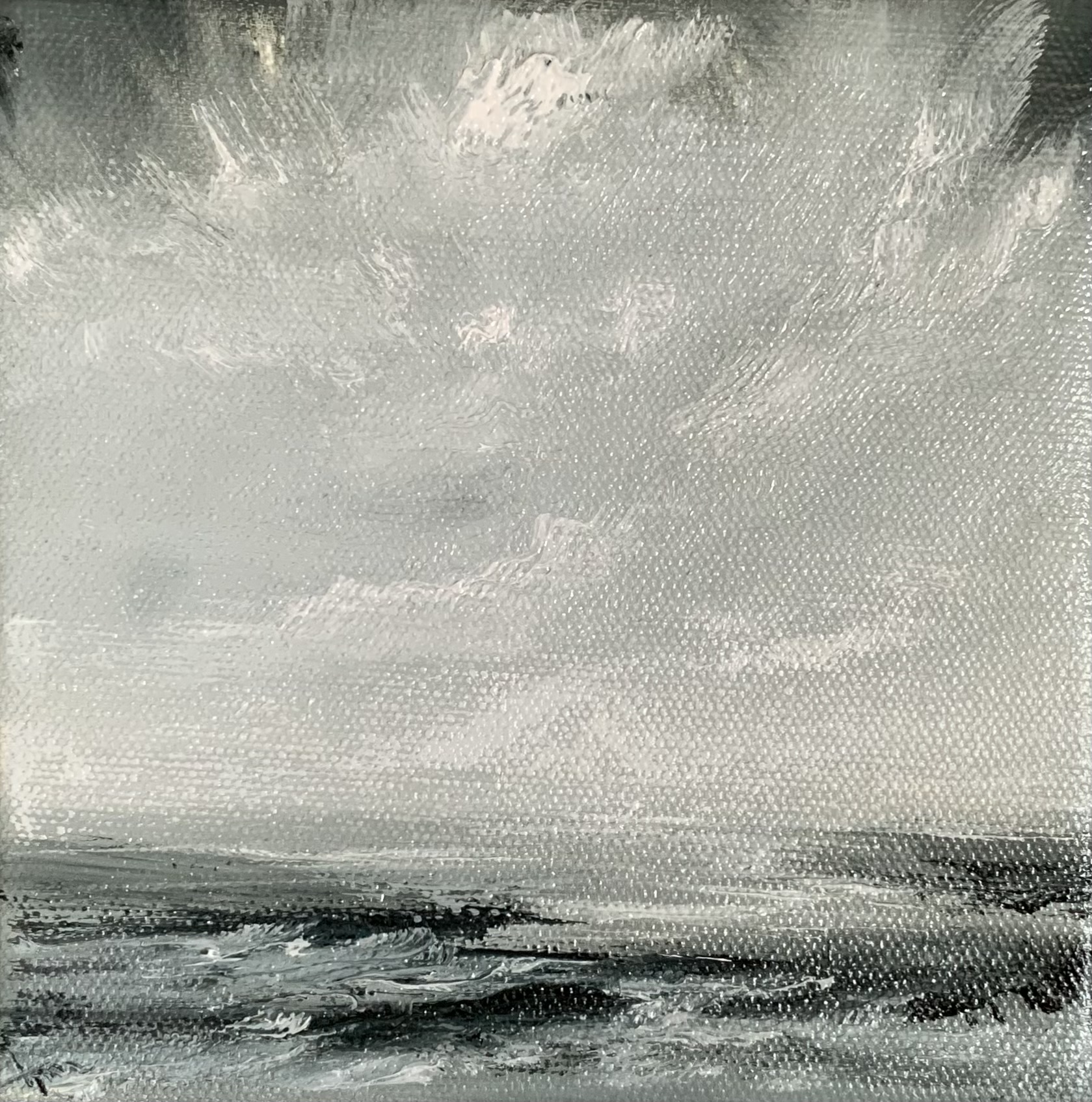 Original seascape oil painting by Tisha Mark, "Wintry Seas No. 5" 6"x6" oil on canvas (2024). Wintertime sea and sky, painted in a limited palette of grays, blue, browns, black, and white.