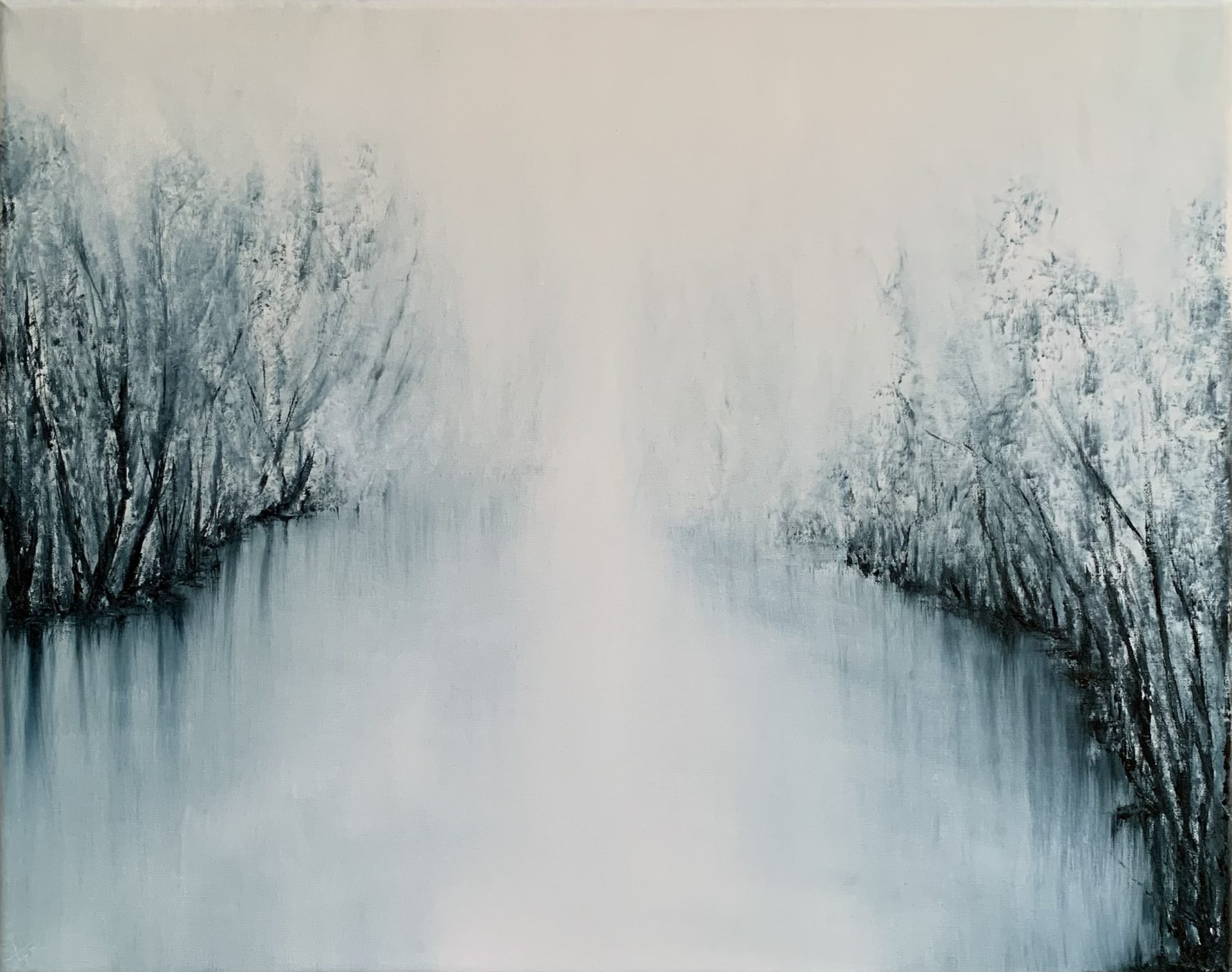 Original oil painting by Tisha Mark, "The Space Between" 16"x20" oil on linen (2023). Abstract foggy landscape painting, painted in a limited palette of blues and whites.