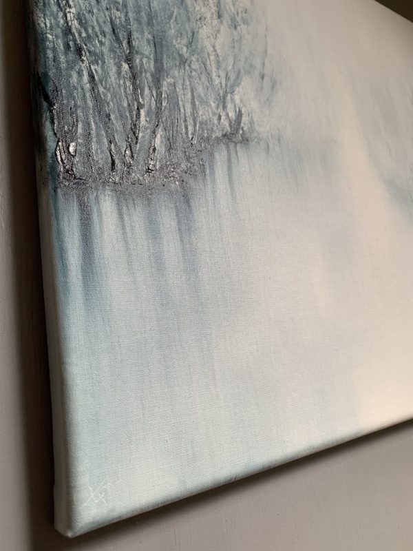 Detail from lower left of an original oil painting by Tisha Mark, "The Space Between" 16"x20" oil on linen (2023). Abstract foggy landscape painting, painted in a limited palette of blues and whites.