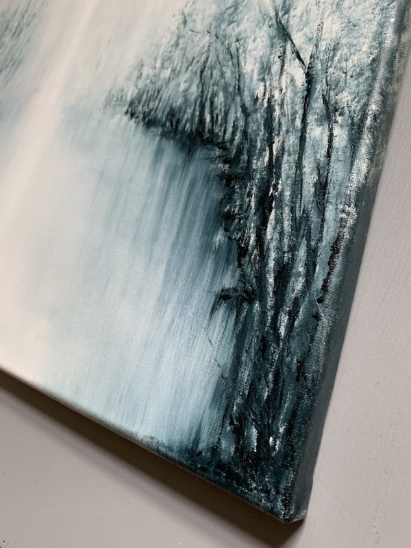 Detail from lower right of an original oil painting by Tisha Mark, "The Space Between" 16"x20" oil on linen (2023). Abstract foggy landscape painting, painted in a limited palette of blues and whites.