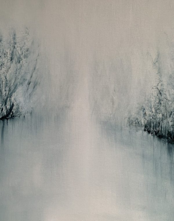 Detail of middle of an original oil painting by Tisha Mark, "The Space Between" 16"x20" oil on linen (2023). Abstract foggy landscape painting, painted in a limited palette of blues and whites.
