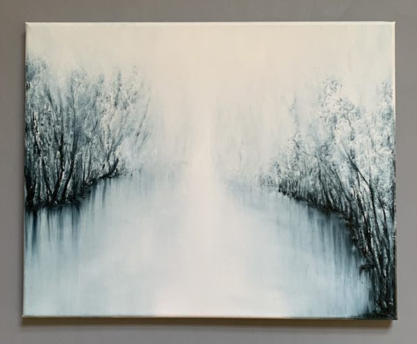 Original oil painting by Tisha Mark, "The Space Between" 16"x20" oil on linen (2023). Abstract foggy landscape painting, painted in a limited palette of blues and whites.