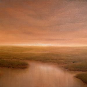 Original oil painting by Tisha Mark, "The Light That Will Be", 30"x40" oil on canvas (2024). Landscape painting featuring an orange-toned sunrise sky over a coastal marsh.